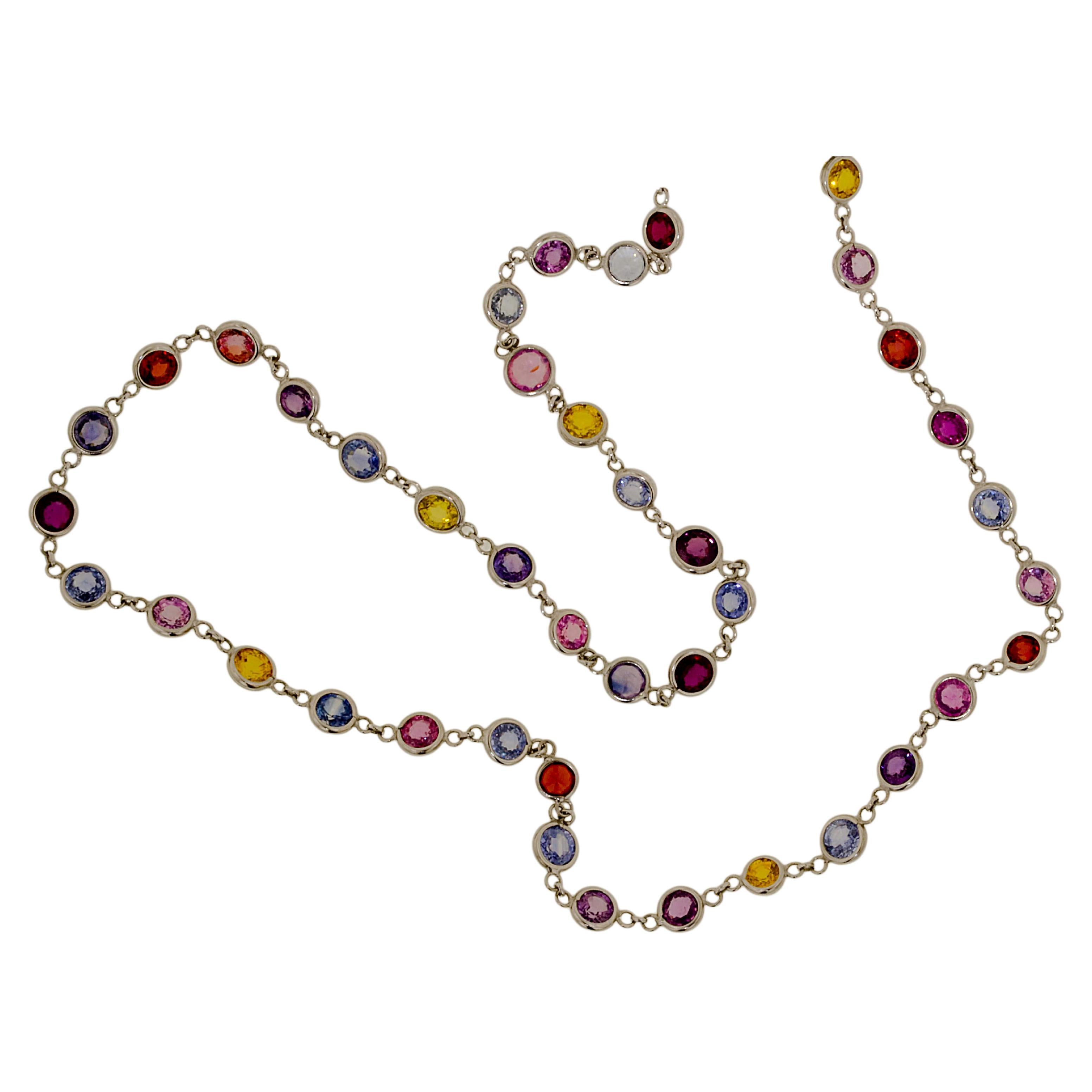 Lithos 18K White Gold Multi Colored Sapphire Necklace For Sale