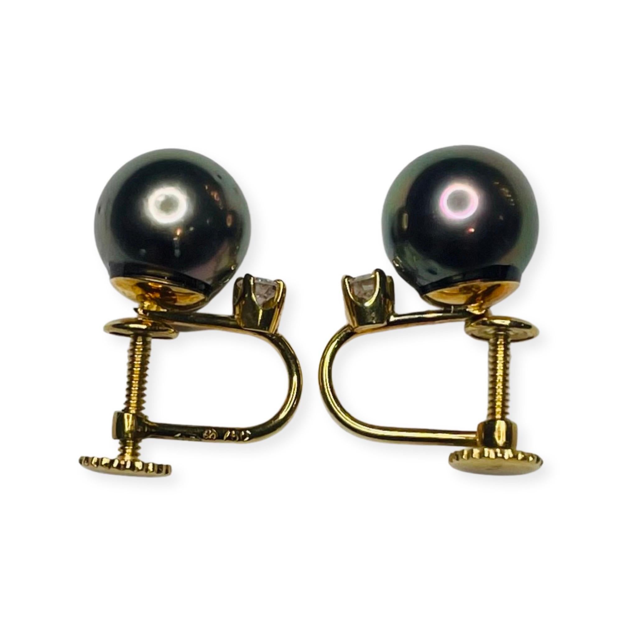 Lithos 18K Yellow Gold, Natural Color, Cultured, Black Tahitian Pearl Screw Back Earrings. The Pearls are 10.0 mm. The pearls are full and round.  They have slight blemish, high luster and a rose overtone. There are 2, full cut, round brilliant