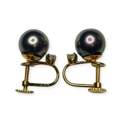 Lithos 18K Yellow Gold Cultured Black Tahitian Pearl Screw Back Earrings