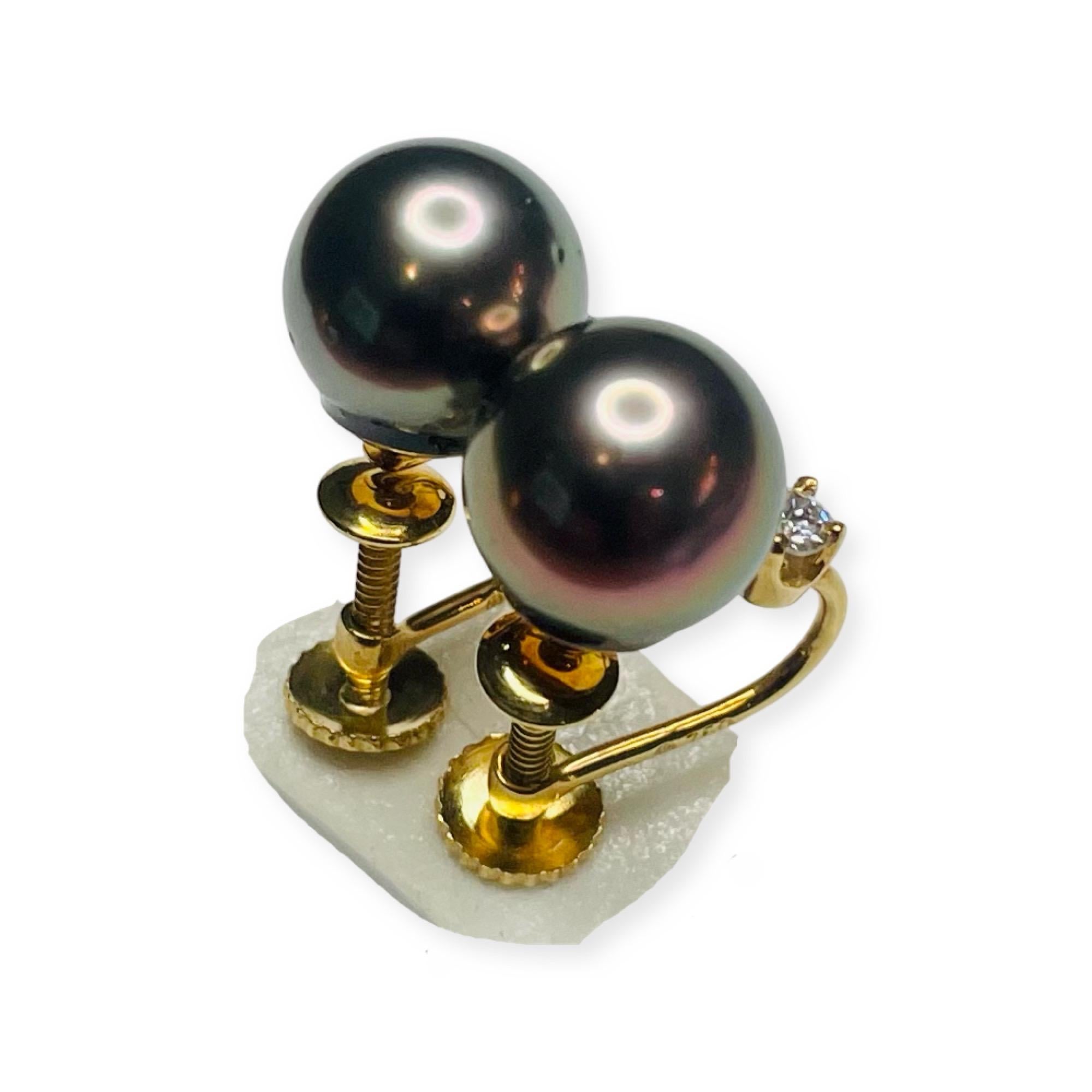 Lithos 18K Yellow Gold Cultured Black Tahitian Pearl Screw Back Earrings In New Condition For Sale In Kirkwood, MO