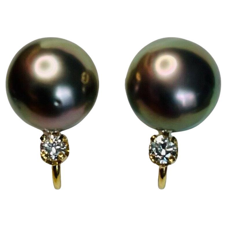 Lithos 18K Yellow Gold Cultured Black Tahitian Pearl Screw Back Earrings For Sale