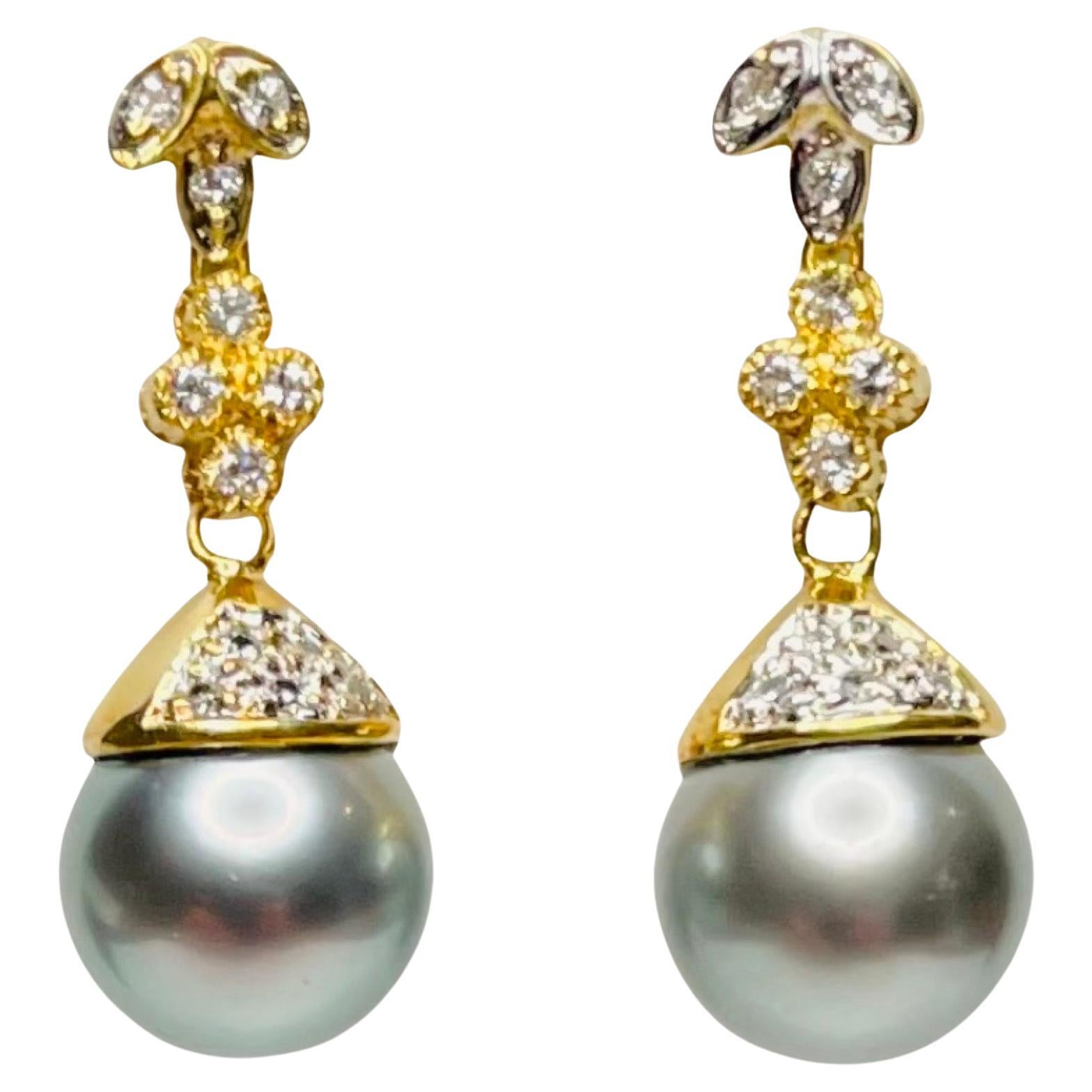 Lithos 18K Yellow Gold Diamond and Natural Color Black Tahitian Pearl Earrings For Sale
