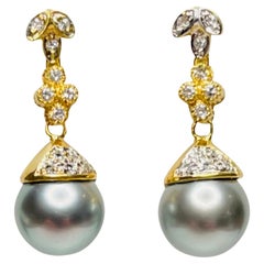 Lithos 18K Yellow Gold Diamond and Natural Color Black Tahitian Pearl Earrings