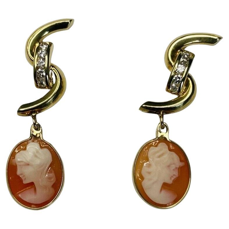 Lithos 18K Yellow Gold Diamond Cameos Earrings For Sale