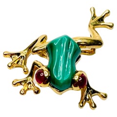 Lithos 18K Yellow Gold Frog with Ruby Eyes and Malachite Body