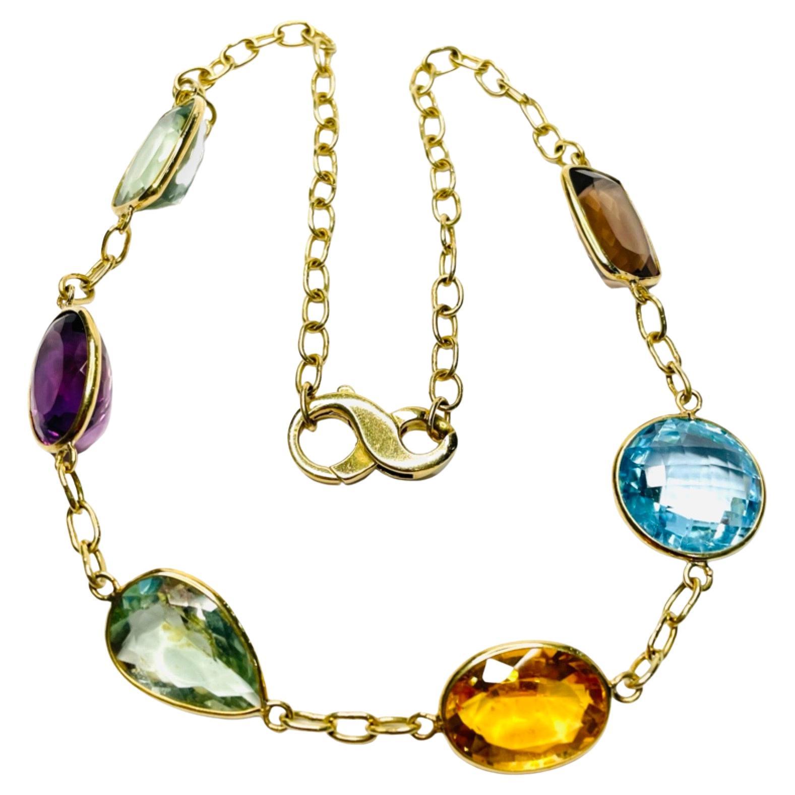 Lithos 18K Yellow Gold Handmade Multi Gemstone Necklace For Sale
