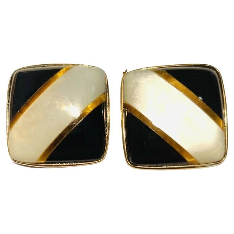 Lithos 18K Yellow Gold Inlaid Onyx and Mother of Pearl Stud Earrings For Sale