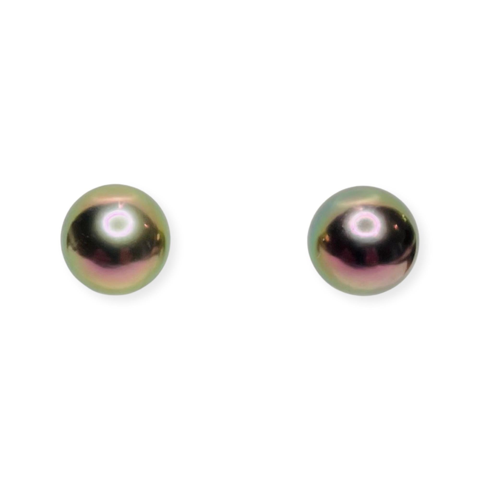 Lithos 18K Yellow Gold Natural Color Cultured Black Tahitian Pearl Earrings. The Pearls are 8.5 mm x 9.0 mm. The pearls are round, slightly blemished with high luster. They are well matched. They have a rose overtone. These are Stud earrings with