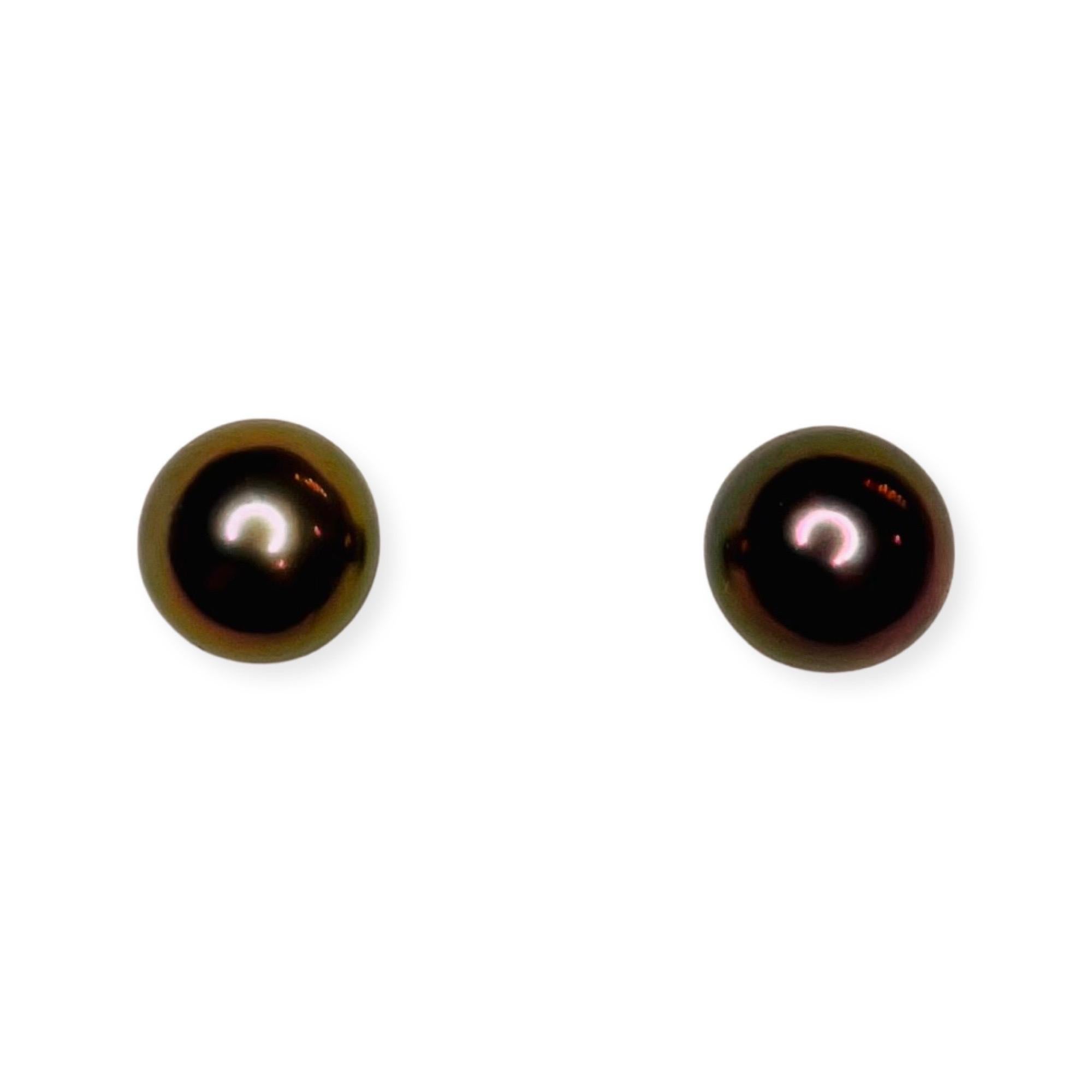 Contemporary Lithos 18K Yellow Gold Natural Color Cultured Black Tahitian Pearl Earrings For Sale
