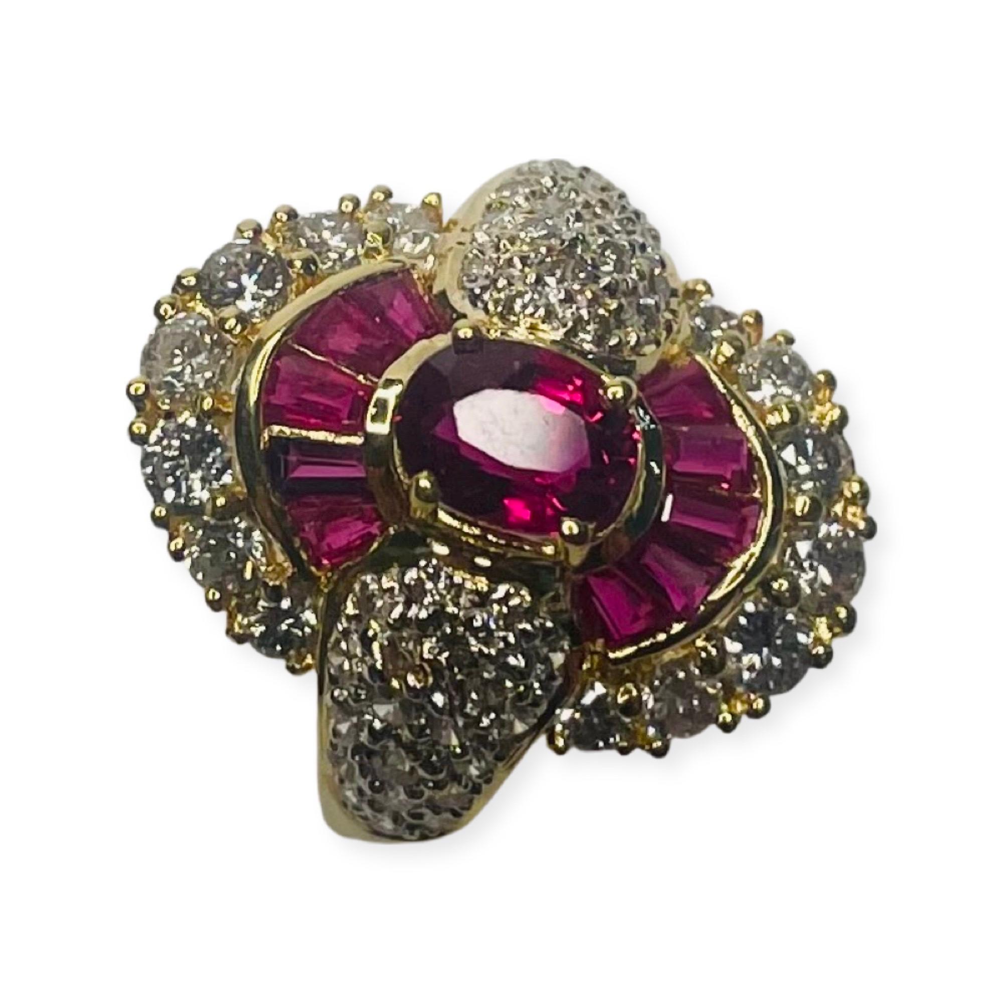 Contemporary Lithos 18K Yellow Gold Ruby and Diamond Ring For Sale