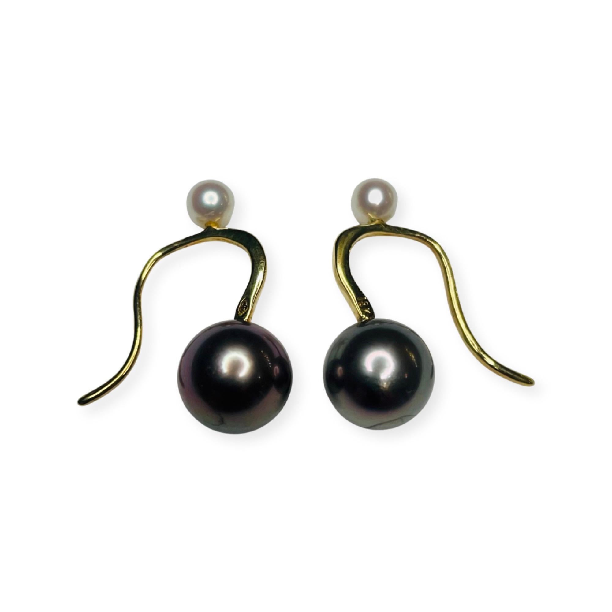 Lithos 18K Yellow Gold, Natural Color, Cultured, Black Tahitian Pearl and Japanese Akoya Earring. The two Tahitian pearls measure 10.0-10.5 mm. These pearls are slightly off round with slight blemishes, medium luster and a poe rava overtone. There