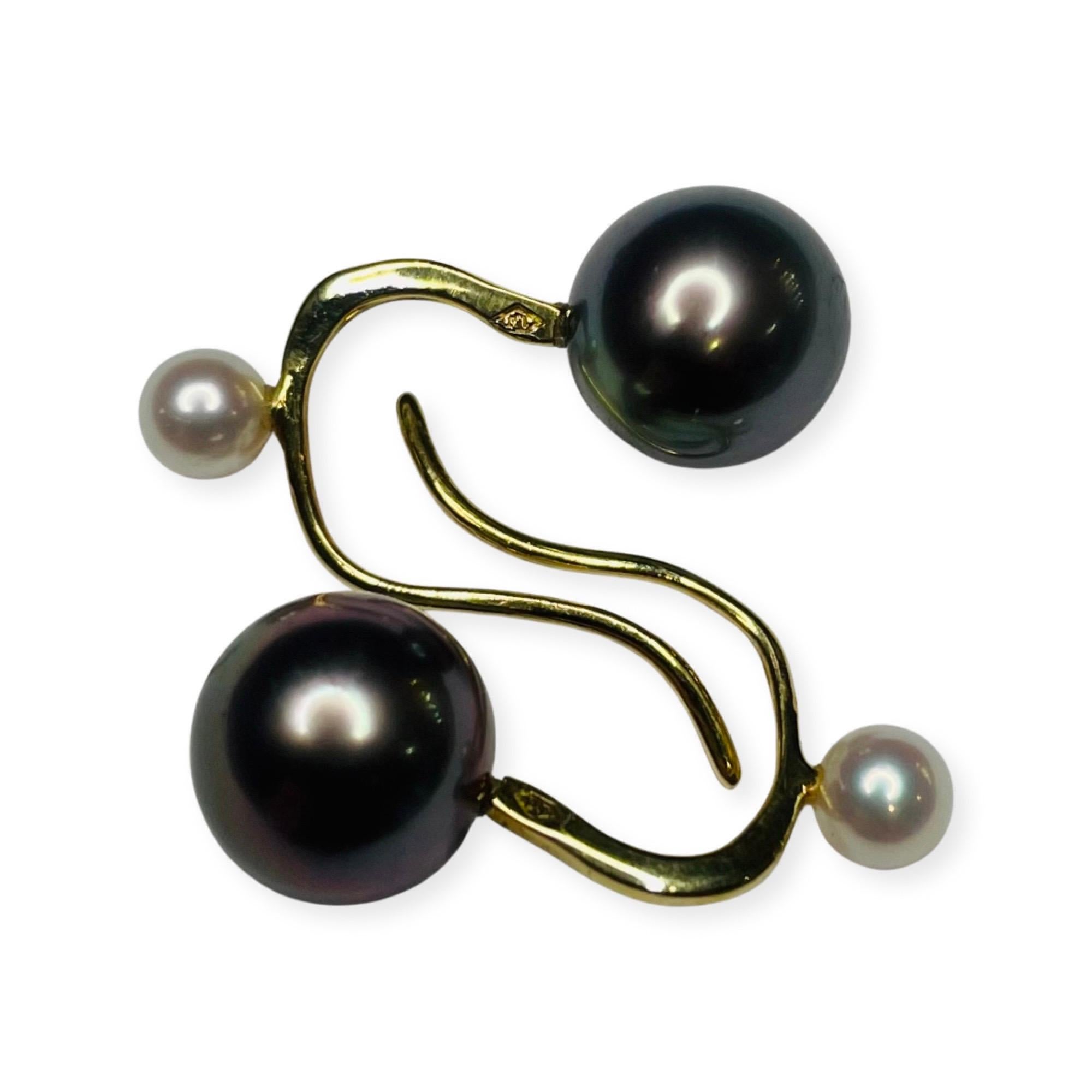 Lithos 18KY Gold Cultured Black Tahitian & Akoya Pearl Earring In New Condition For Sale In Kirkwood, MO
