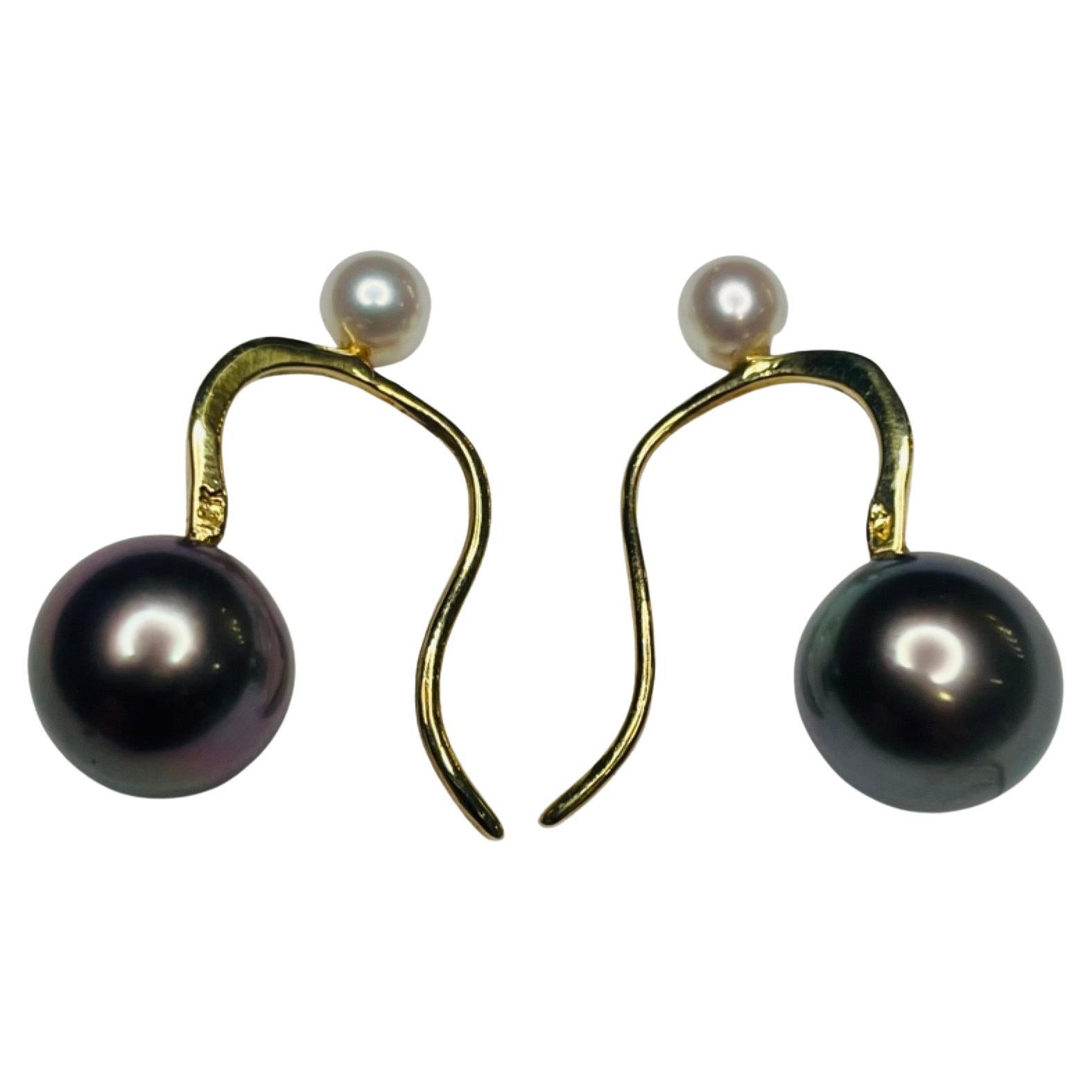 Lithos 18KY Gold Cultured Black Tahitian & Akoya Pearl Earring