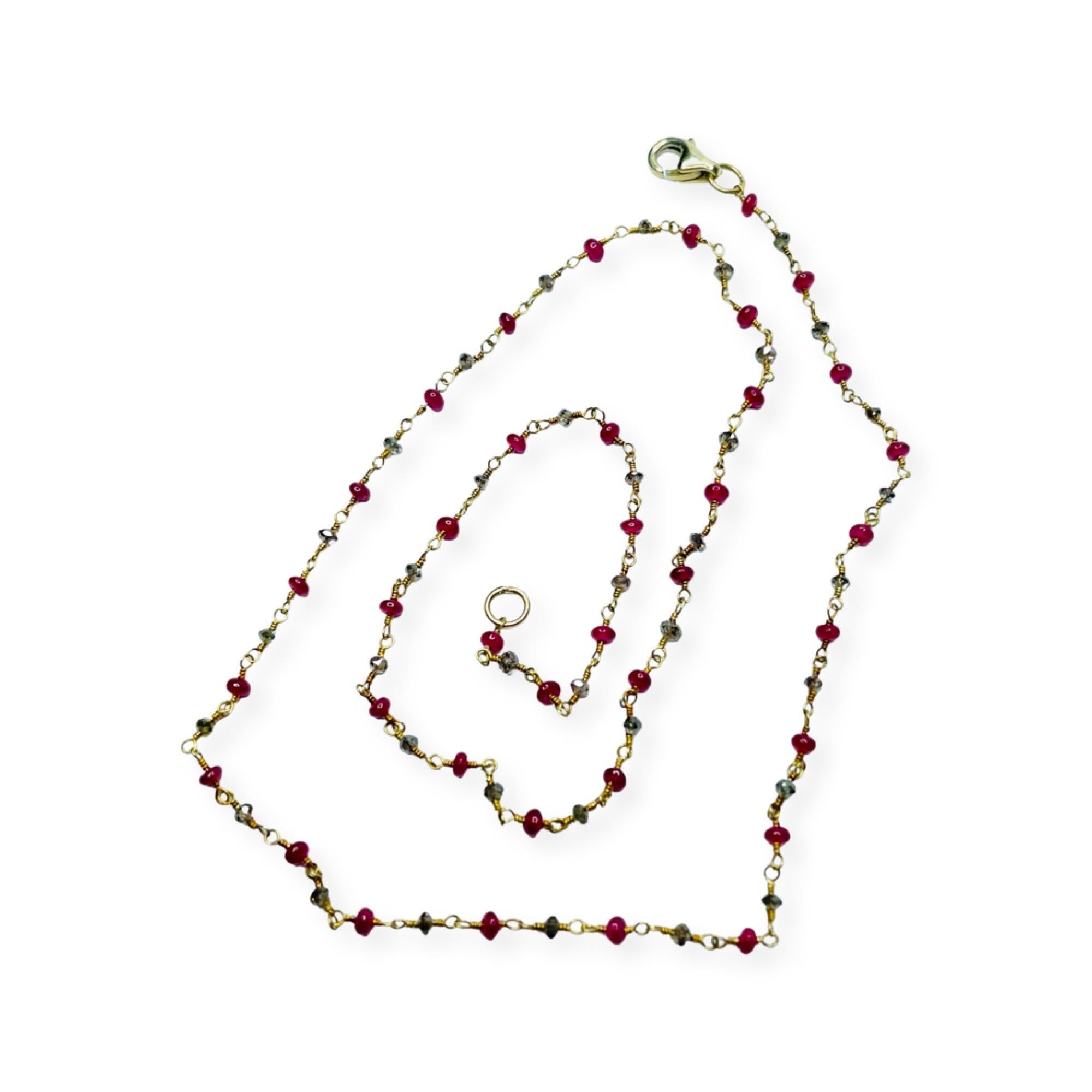 Bead Lithos 18KY Gold, Ruby Randel and Natural Color Brown Diamond Necklace For Sale