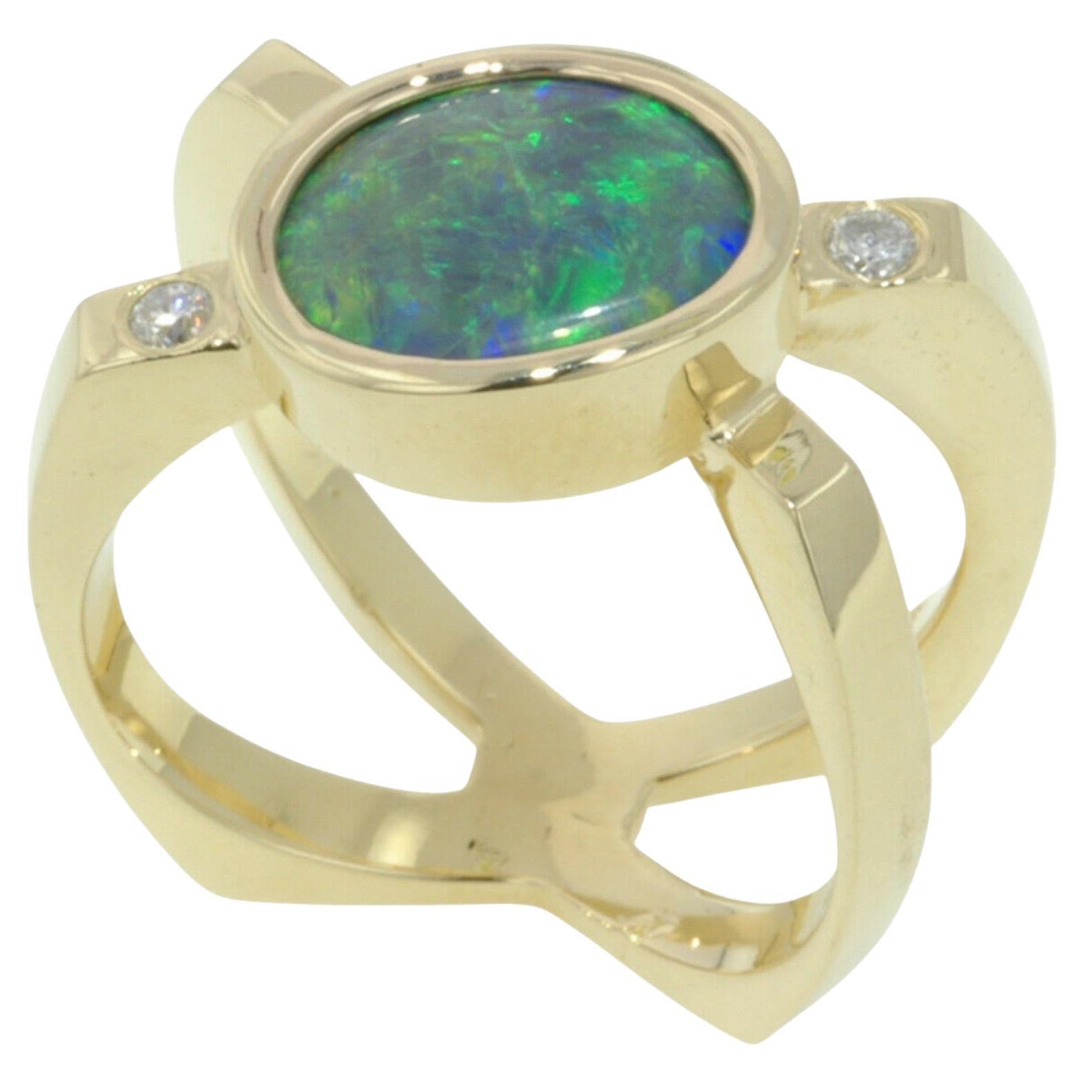 Lithos Lightning Ridge Black Opal and Diamond 18KY Gold Ring