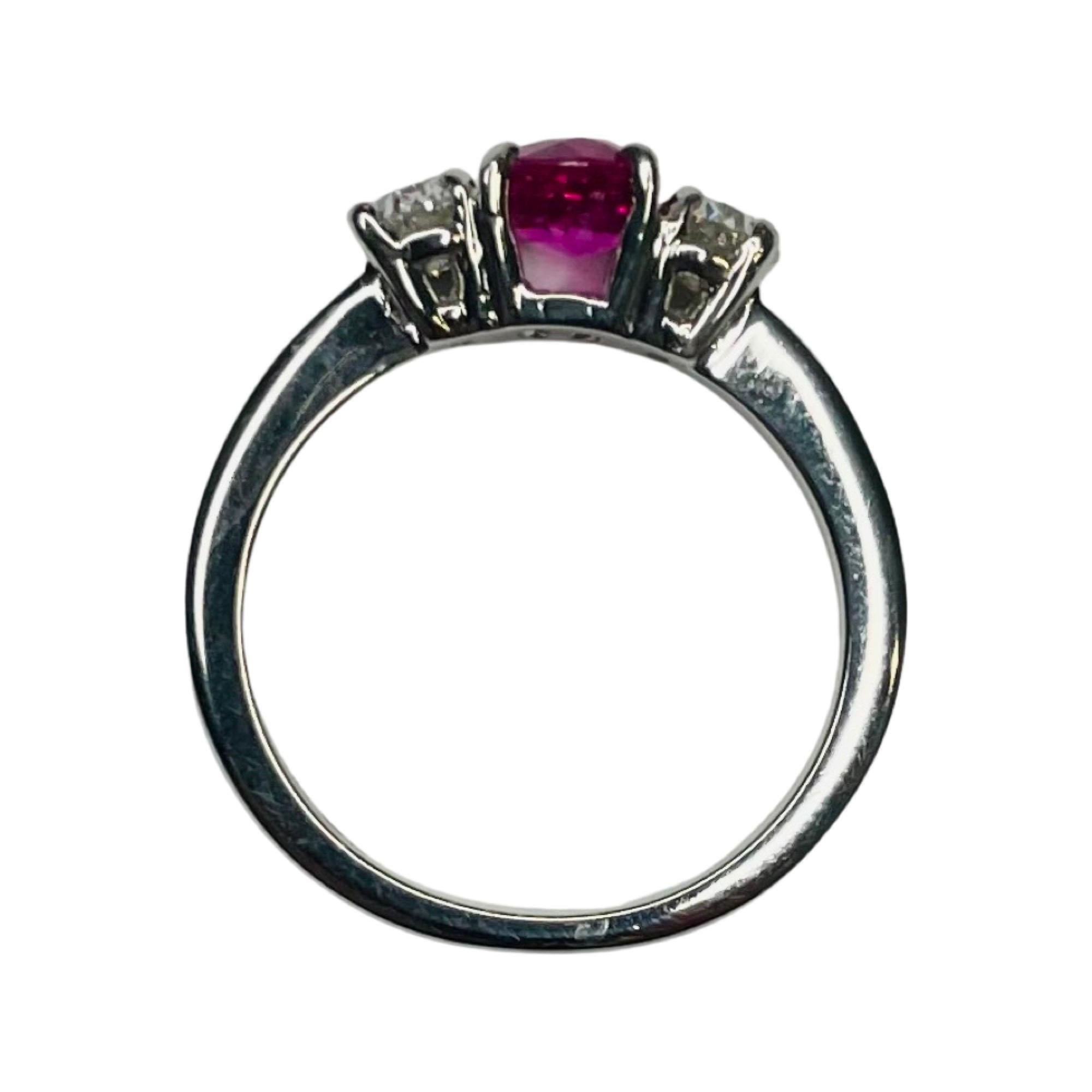 Oval Cut Lithos Platinum Diamond Ruby 3 Stone Ring For Sale