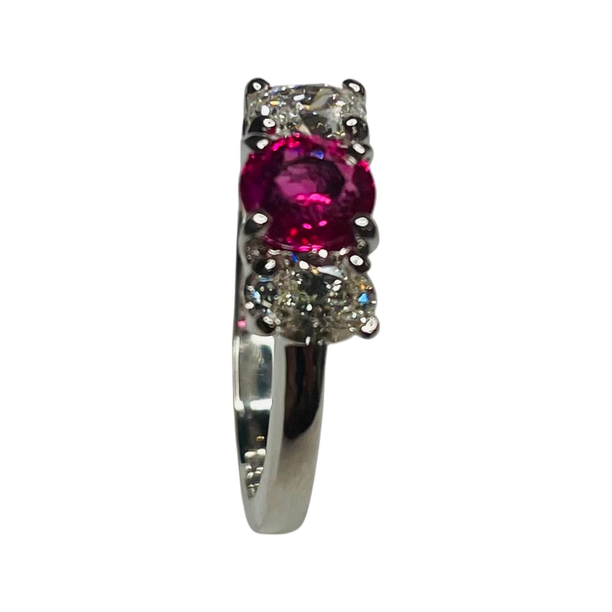 Lithos Platinum Diamond Ruby 3 Stone Ring In New Condition For Sale In Kirkwood, MO