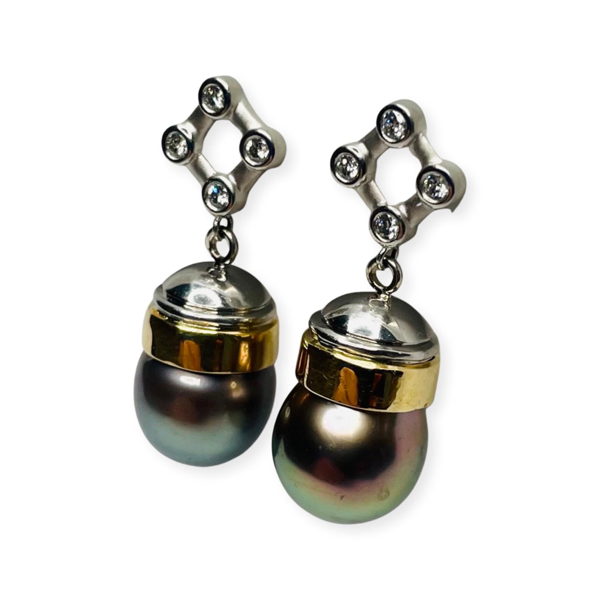 Lithos/Rudolf Erdel 18K Yellow Gold & Platinum Diamond Natural Color Black Tahitian Pearl Earrings. The pearls are 11.5 mm. The natural color black South Sea Tahitian pearls have a copper and rose overtone. They have slight blemishes, are cultured