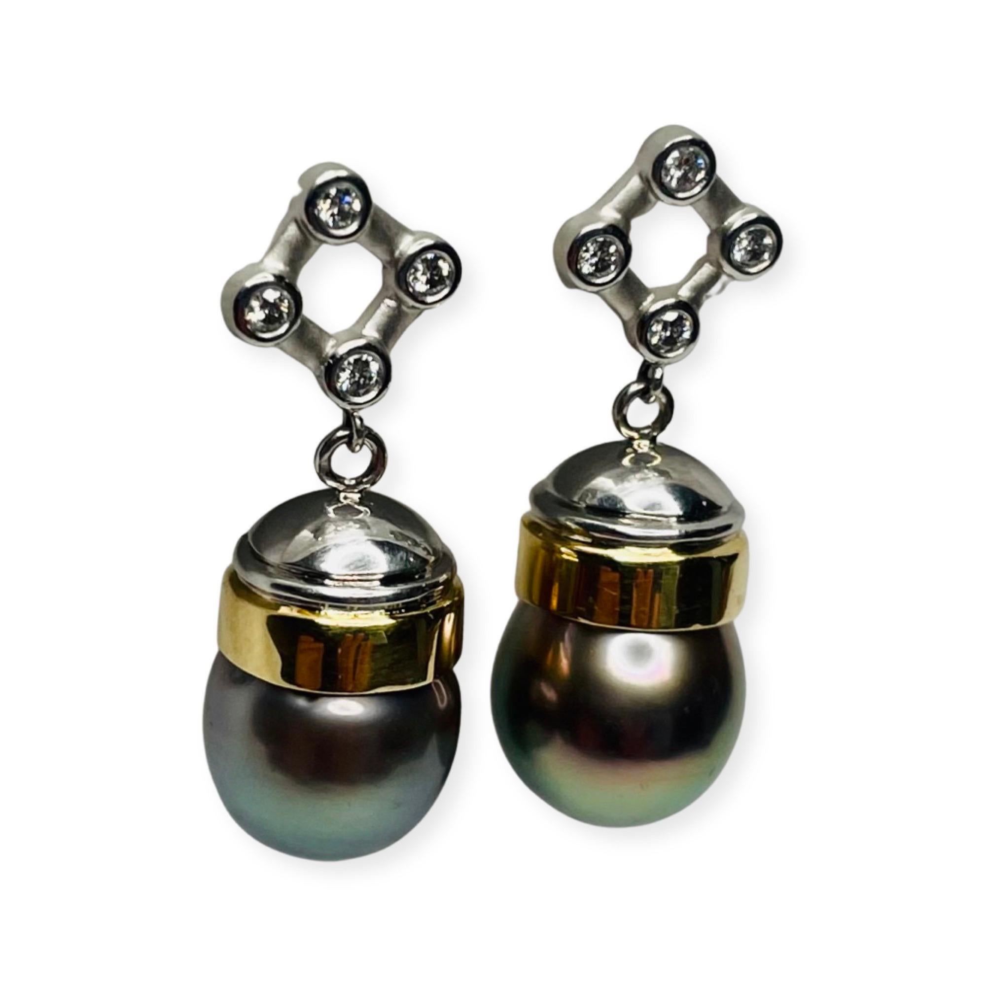 Contemporary Lithos/Rudolf Erdel 18KY Gold Platinum Diamond Black Tahitian Pearl Earring For Sale