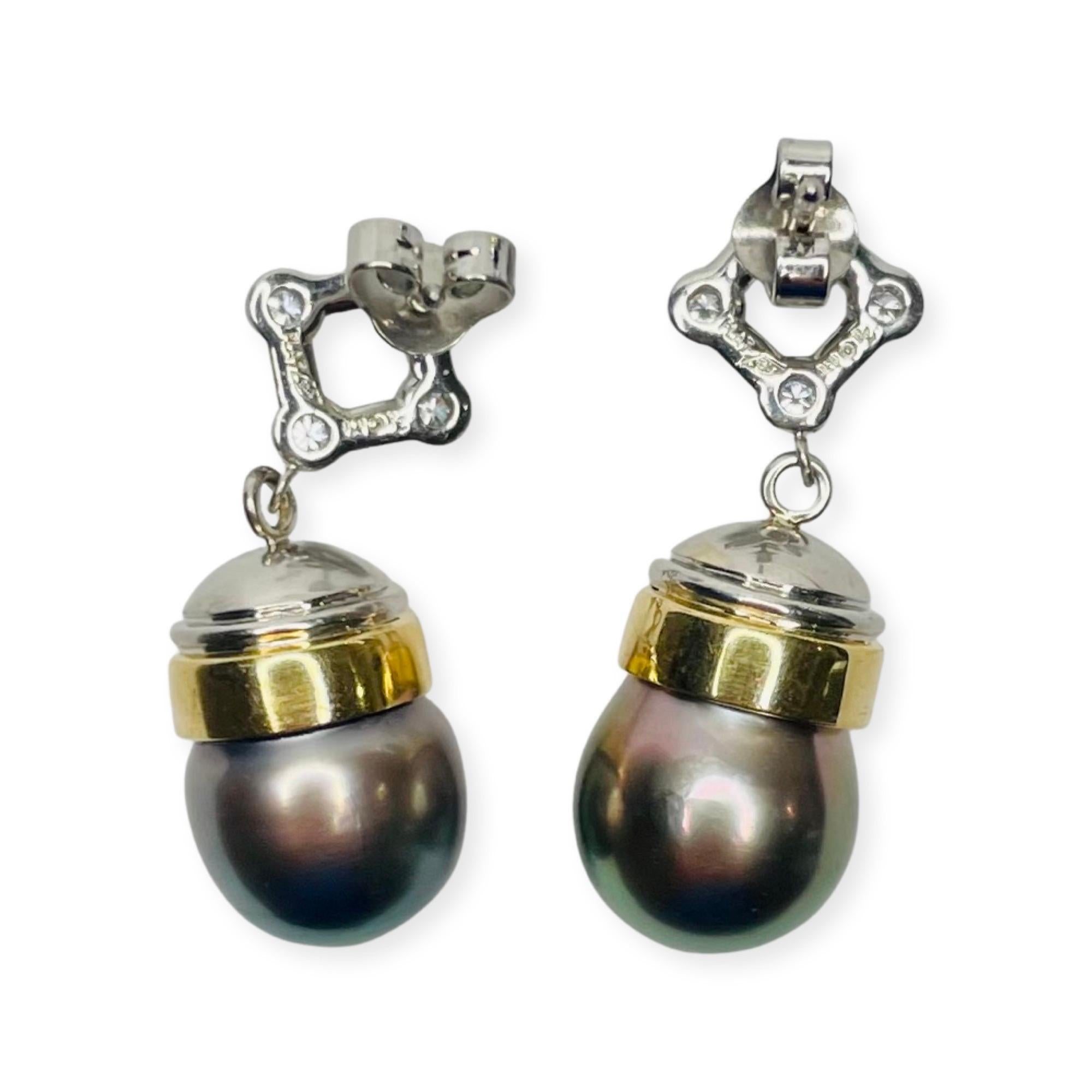Round Cut Lithos/Rudolf Erdel 18KY Gold Platinum Diamond Black Tahitian Pearl Earring For Sale