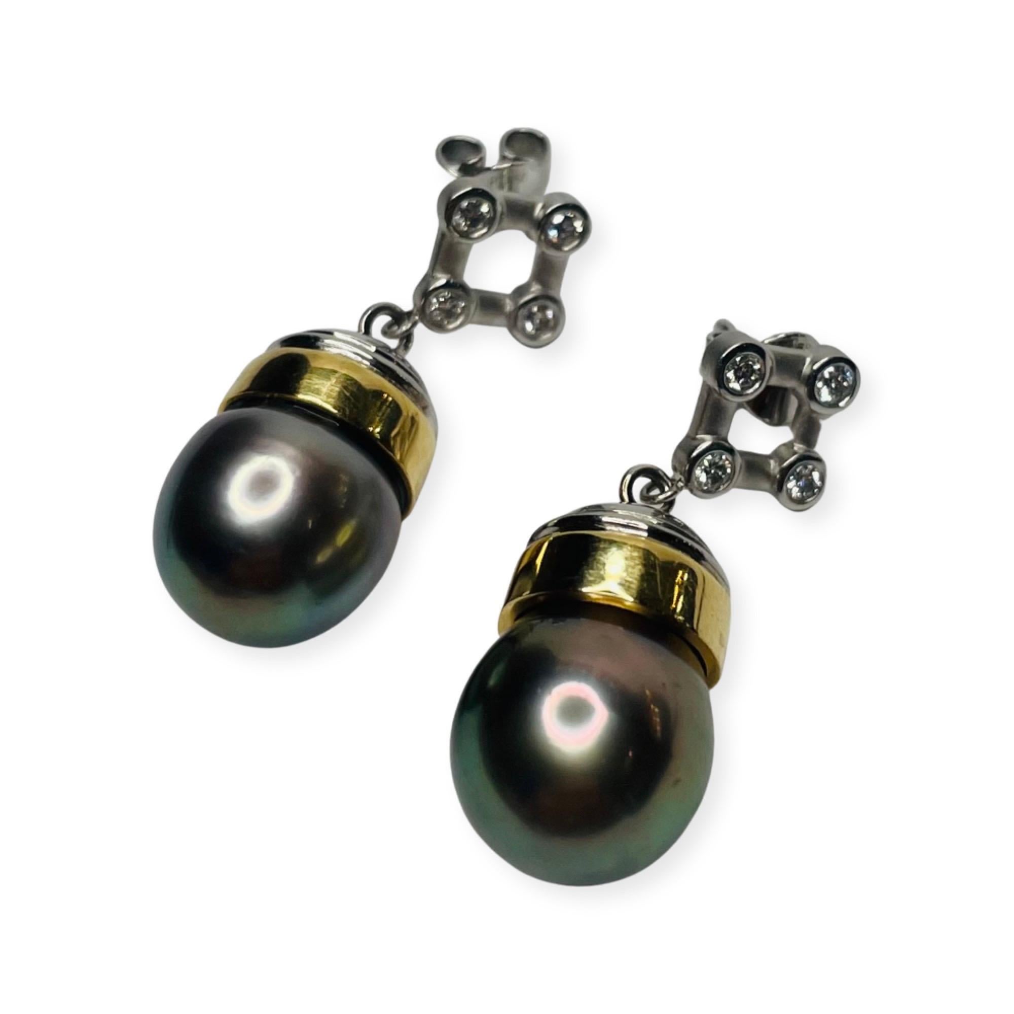 Lithos/Rudolf Erdel 18KY Gold Platinum Diamond Black Tahitian Pearl Earring In New Condition For Sale In Kirkwood, MO