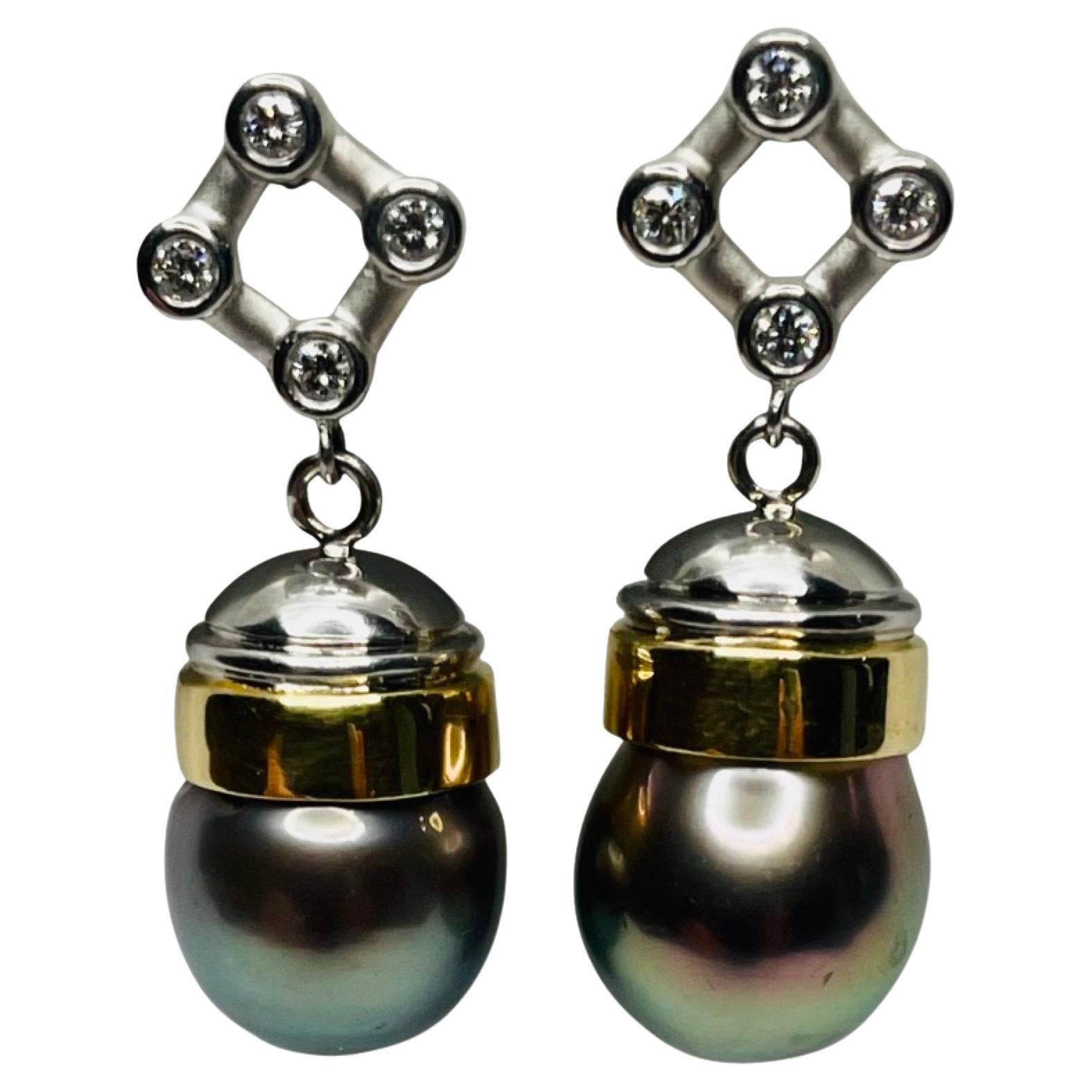 Lithos/Rudolf Erdel 18KY Gold Platinum Diamond Black Tahitian Pearl Earring For Sale