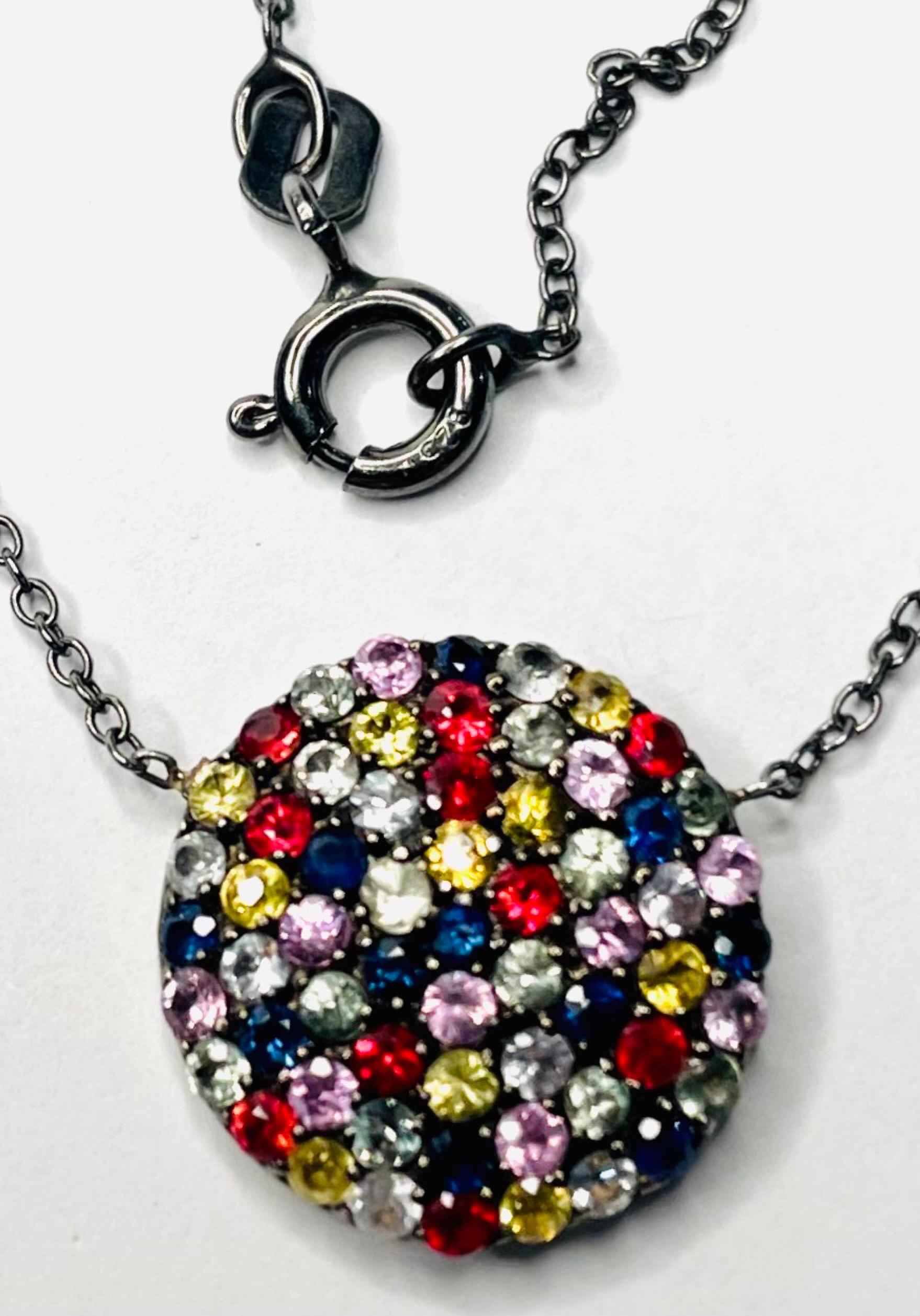 Round Cut Lithos Sterling Silver Black Rhodium Multicolored Sapphire Necklace For Sale