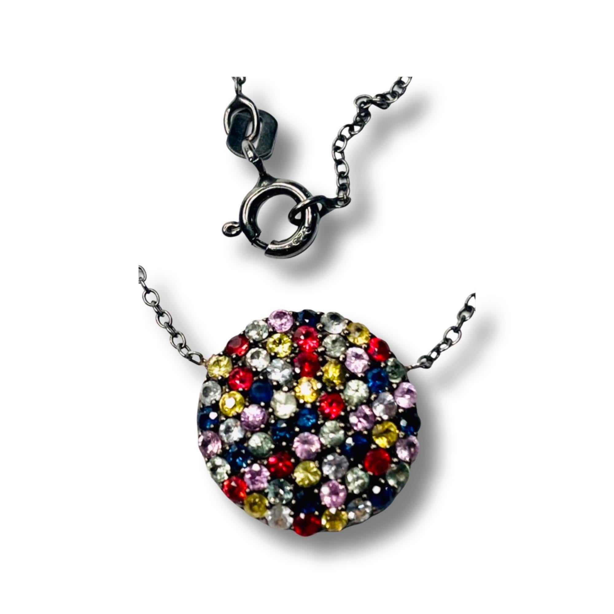 Lithos Sterling Silver Black Rhodium Multicolored Sapphire Necklace In New Condition For Sale In Kirkwood, MO