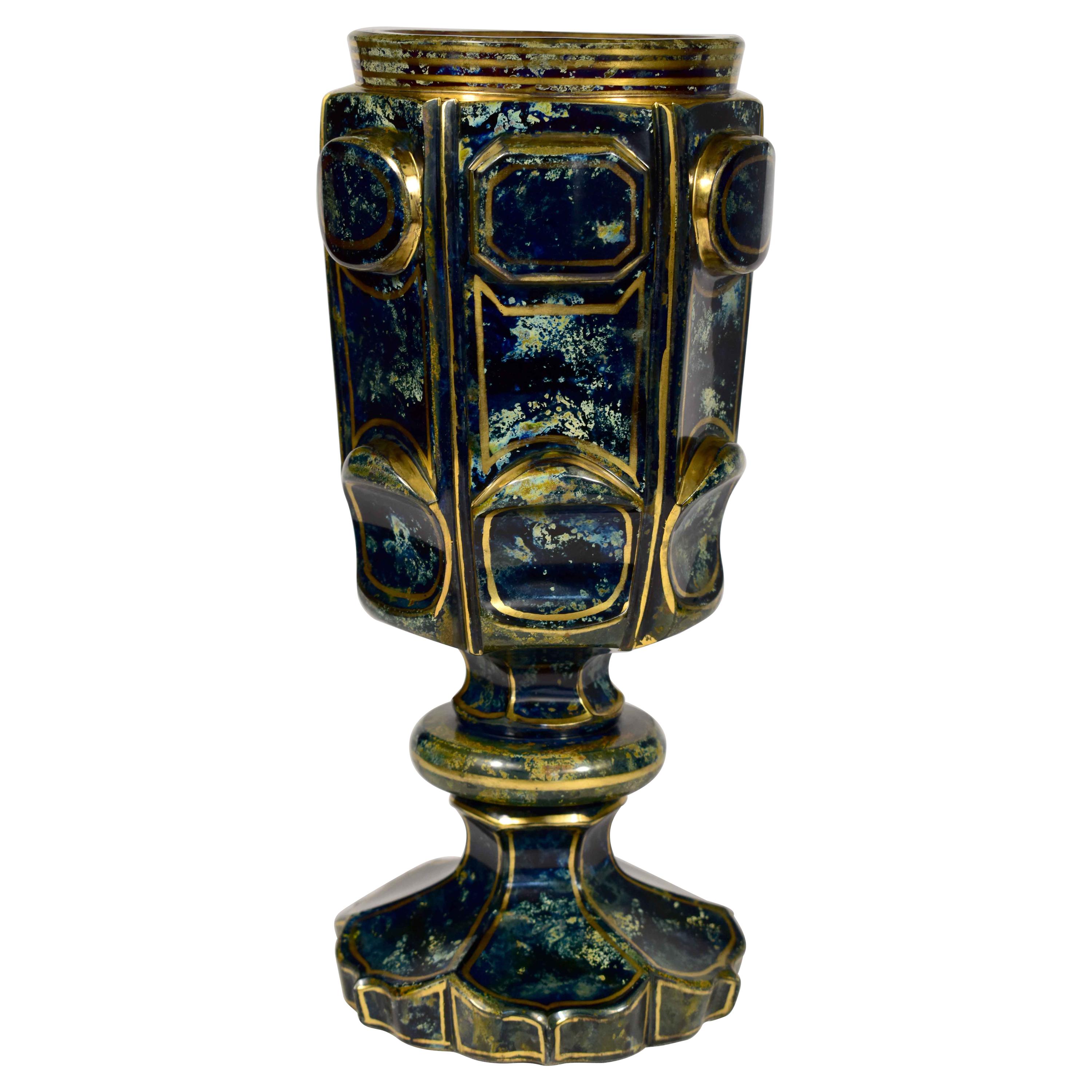 Lithyalin Glass Goblet, Unique, 19th Century, Engraved Gilded, Bohemian Glass