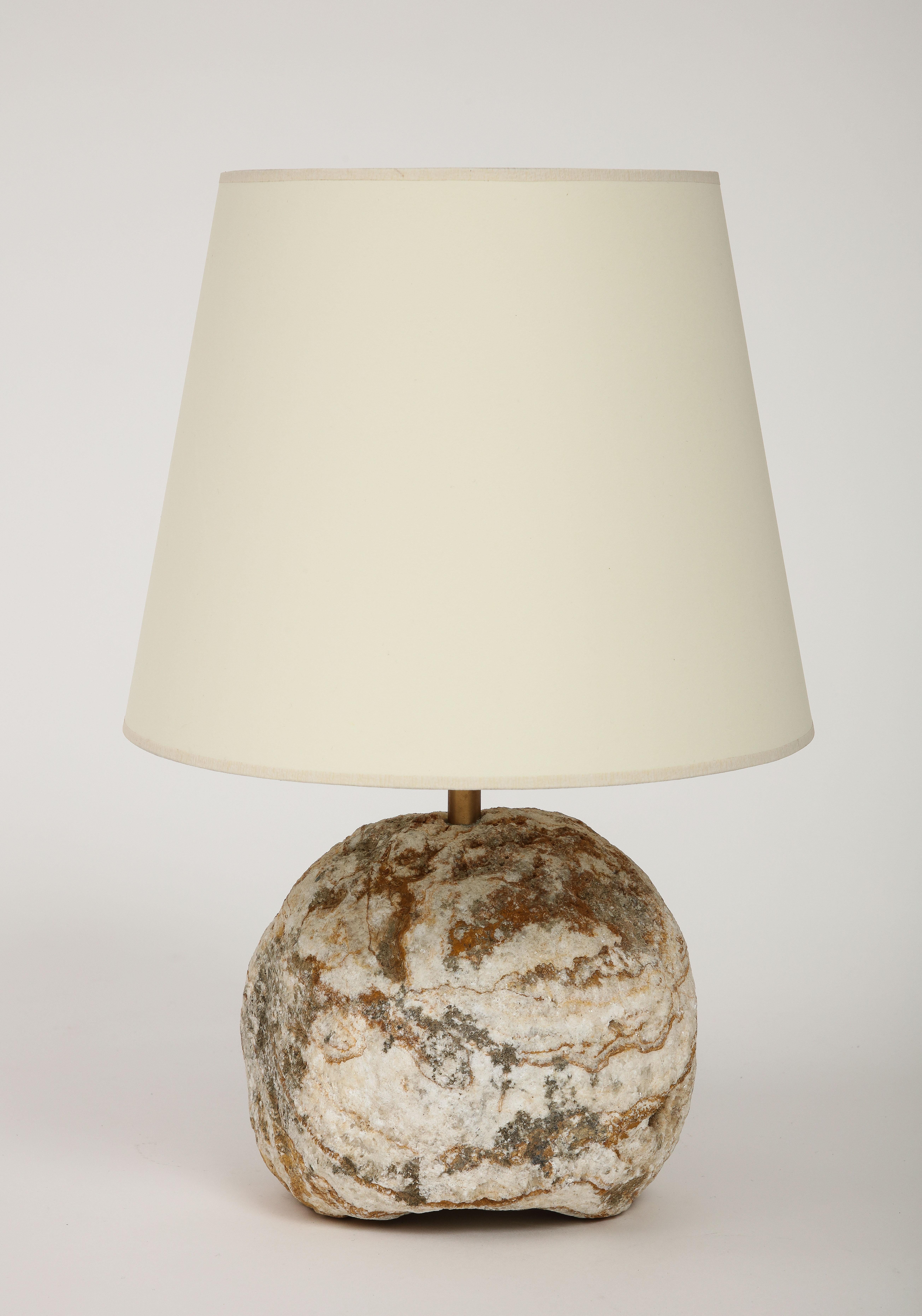 LitStones custom made grecian marble lamp with custom paper shade
stone
Newly wired, bronze hardware, silk with cord w switch

Bottom of shade is 14 in.

Total height is: 17.5