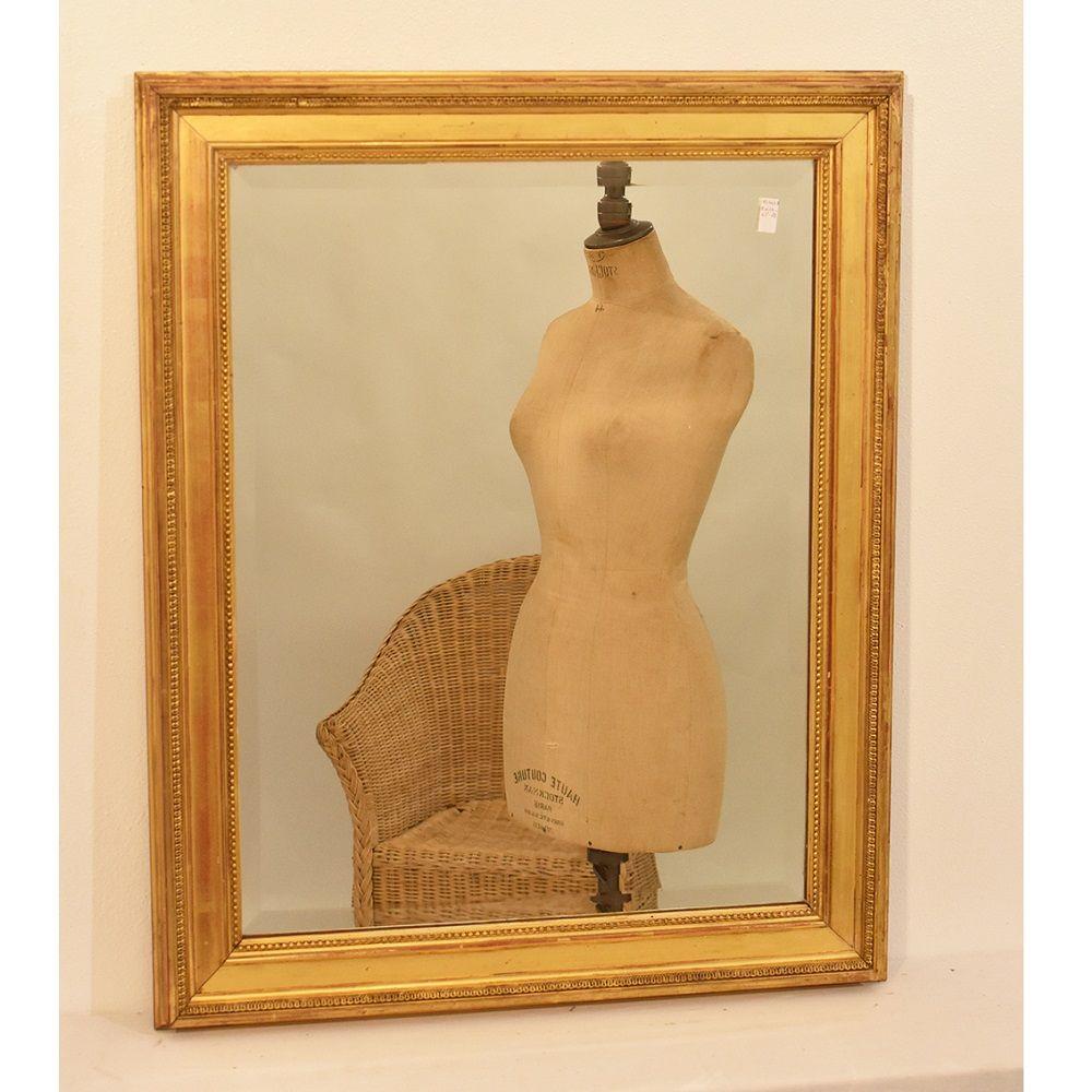 Napoleon III Little Antique Rectangular Mirror, Old Beveled Mirror, Original Gold Leaf Frame