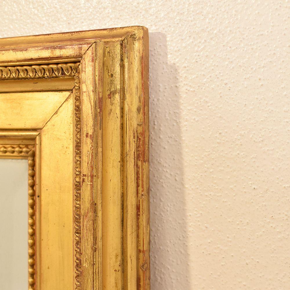 French Little Antique Rectangular Mirror, Old Beveled Mirror, Original Gold Leaf Frame