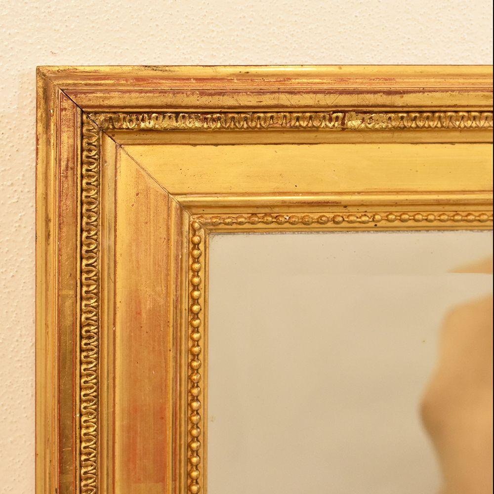 19th Century Little Antique Rectangular Mirror, Old Beveled Mirror, Original Gold Leaf Frame