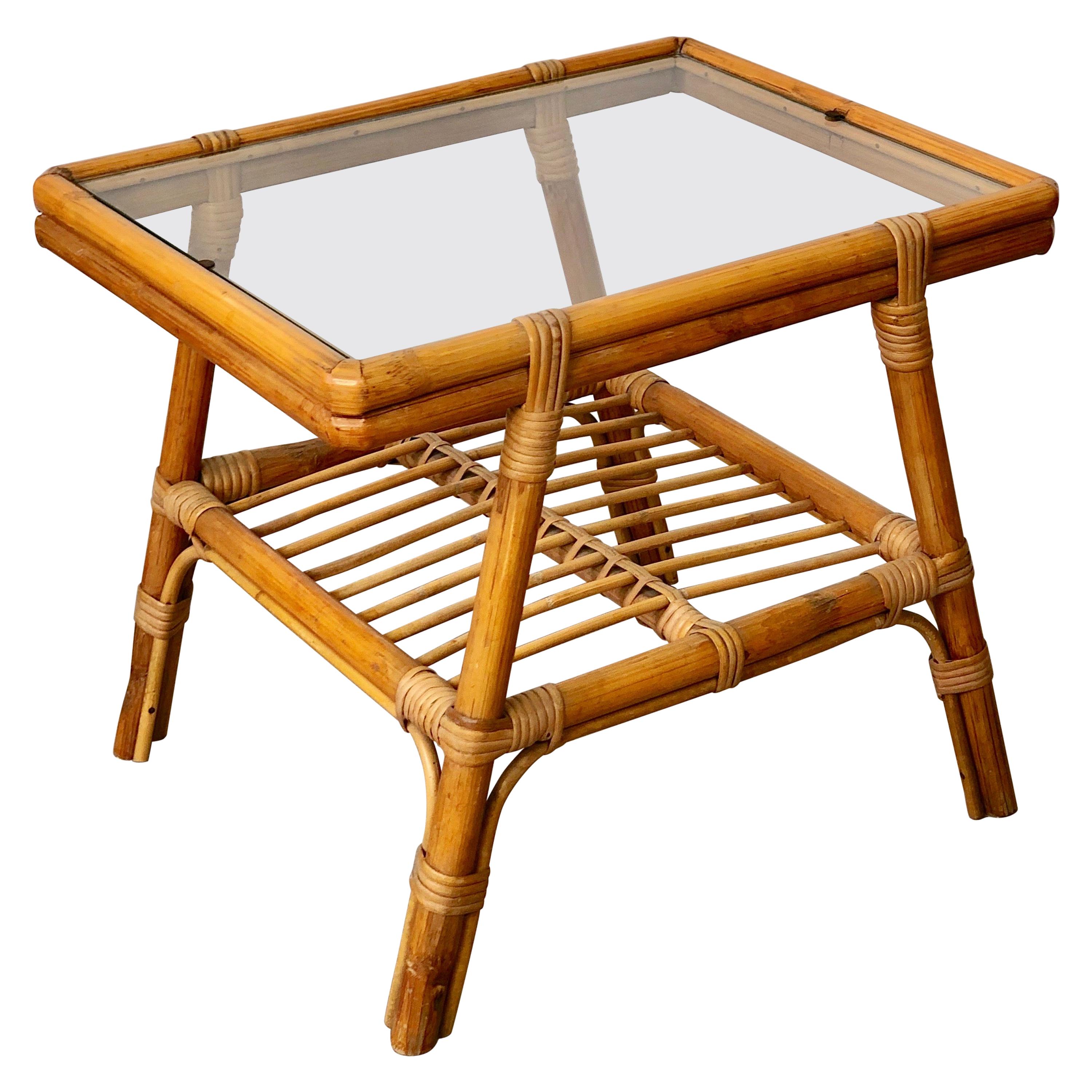 Little Bamboo Glass and Rattan Side Coffee Table, Italy, 1960s at