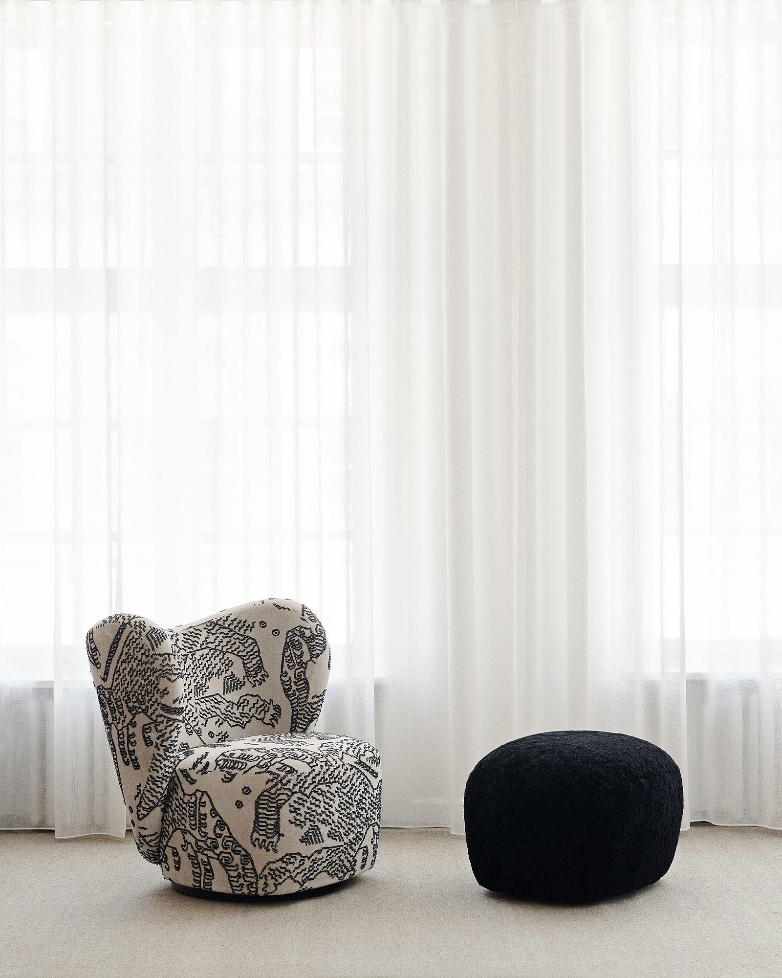 Contemporary Little Big Chair Fully Upholstered Lounge Chair + Pouf in Sheepskin Set For Sale