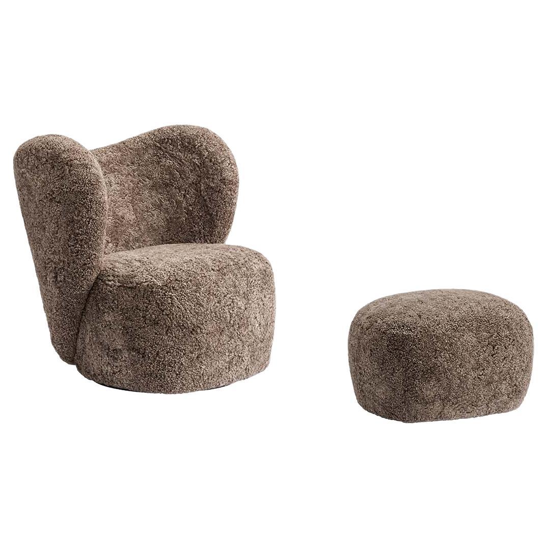Little Big Chair Fully Upholstered Lounge Chair + Pouf in Sheepskin Set For Sale