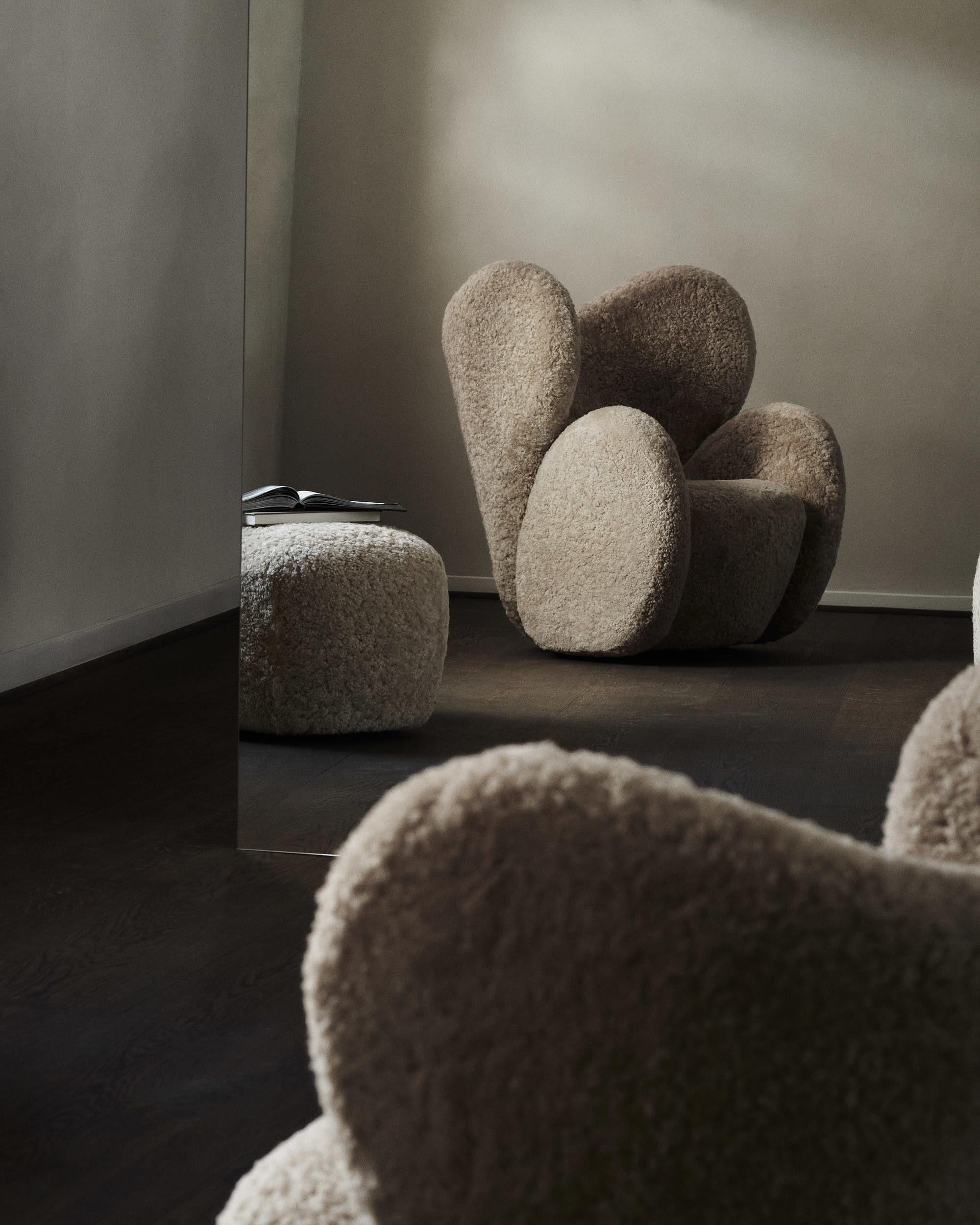 Little Big Chair x2 + Pouf x1, Sheepskin Off-White by Norr11 For Sale 7