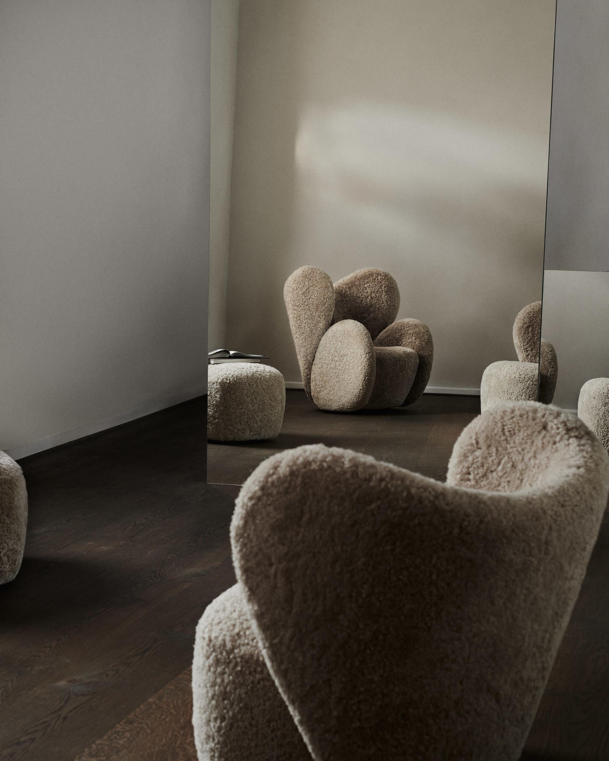 Little Big Chair x2 + Pouf x1, Sheepskin Off-White by Norr11 For Sale 8