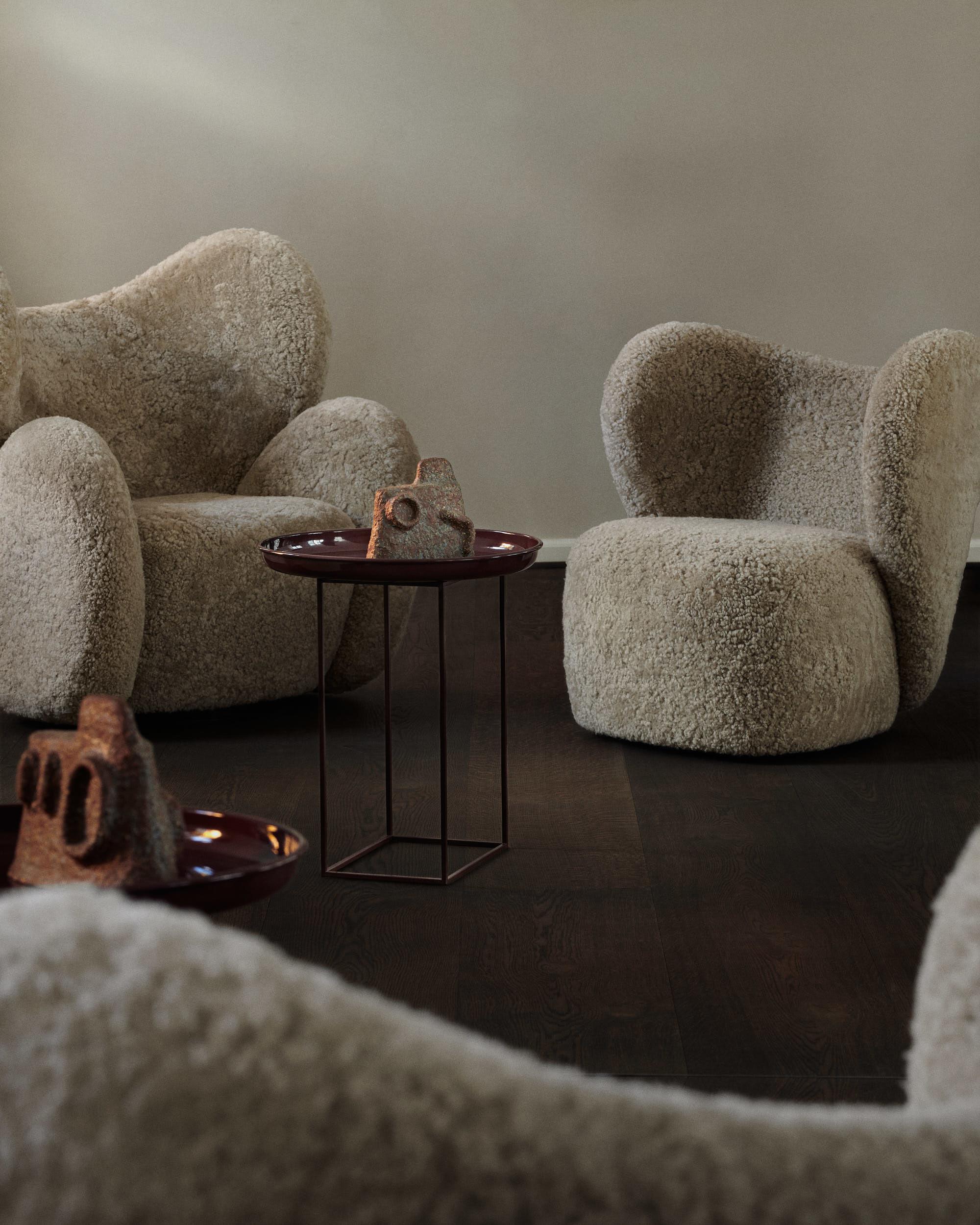 Scandinavian Modern Little Big Chair x2 + Pouf x1, Sheepskin Off-White by Norr11 For Sale