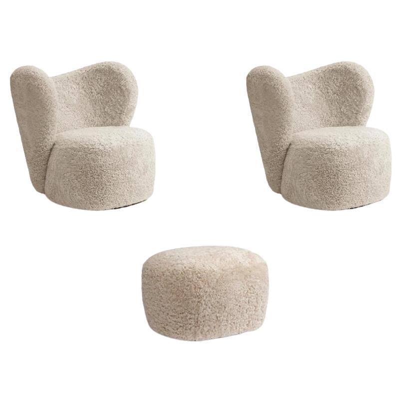 Little Big Chair x2 + Pouf x1, Sheepskin Off-White by Norr11 For Sale