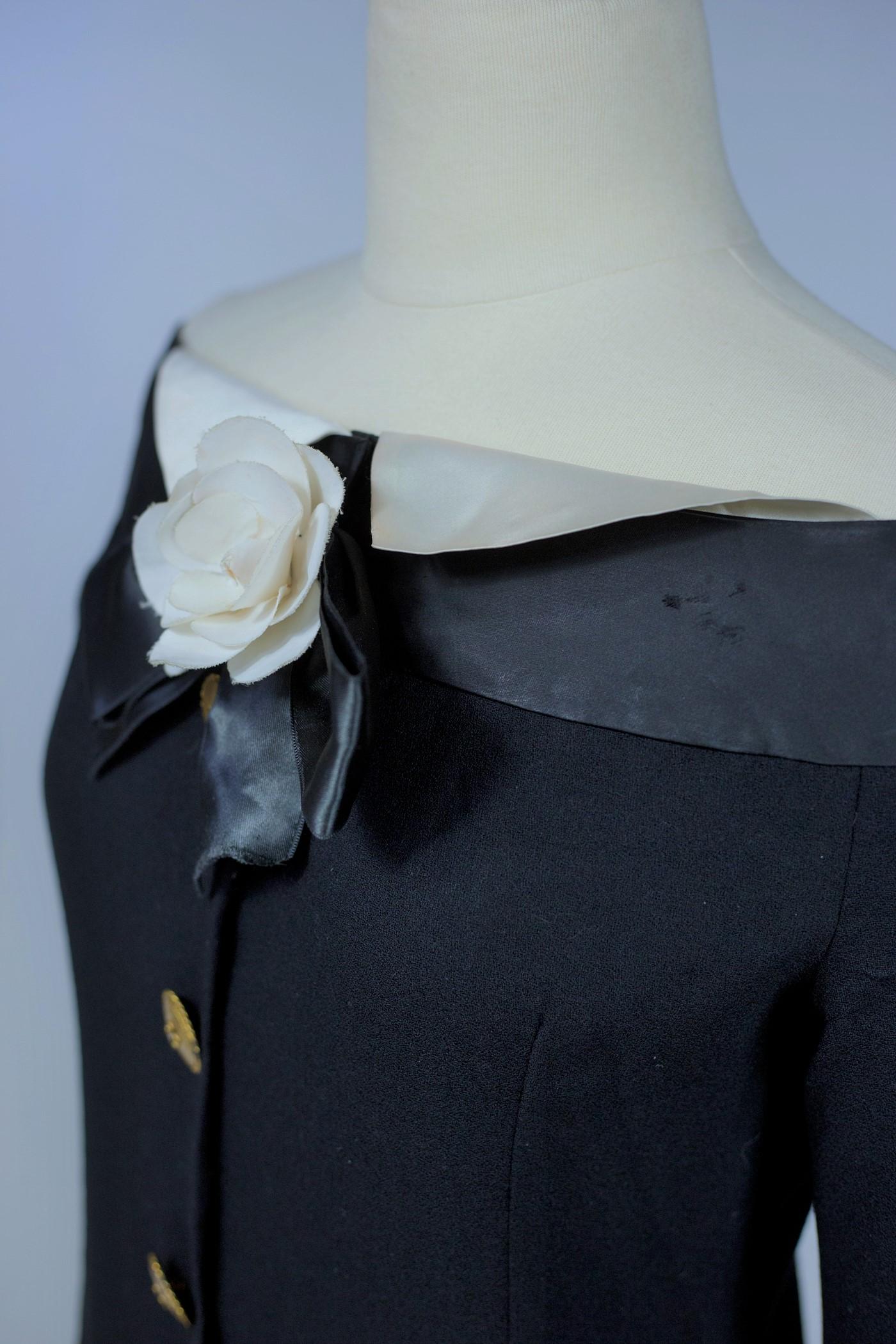 Little black dress inspired by Chanel in crepe and satin Circa 1965 For Sale 5