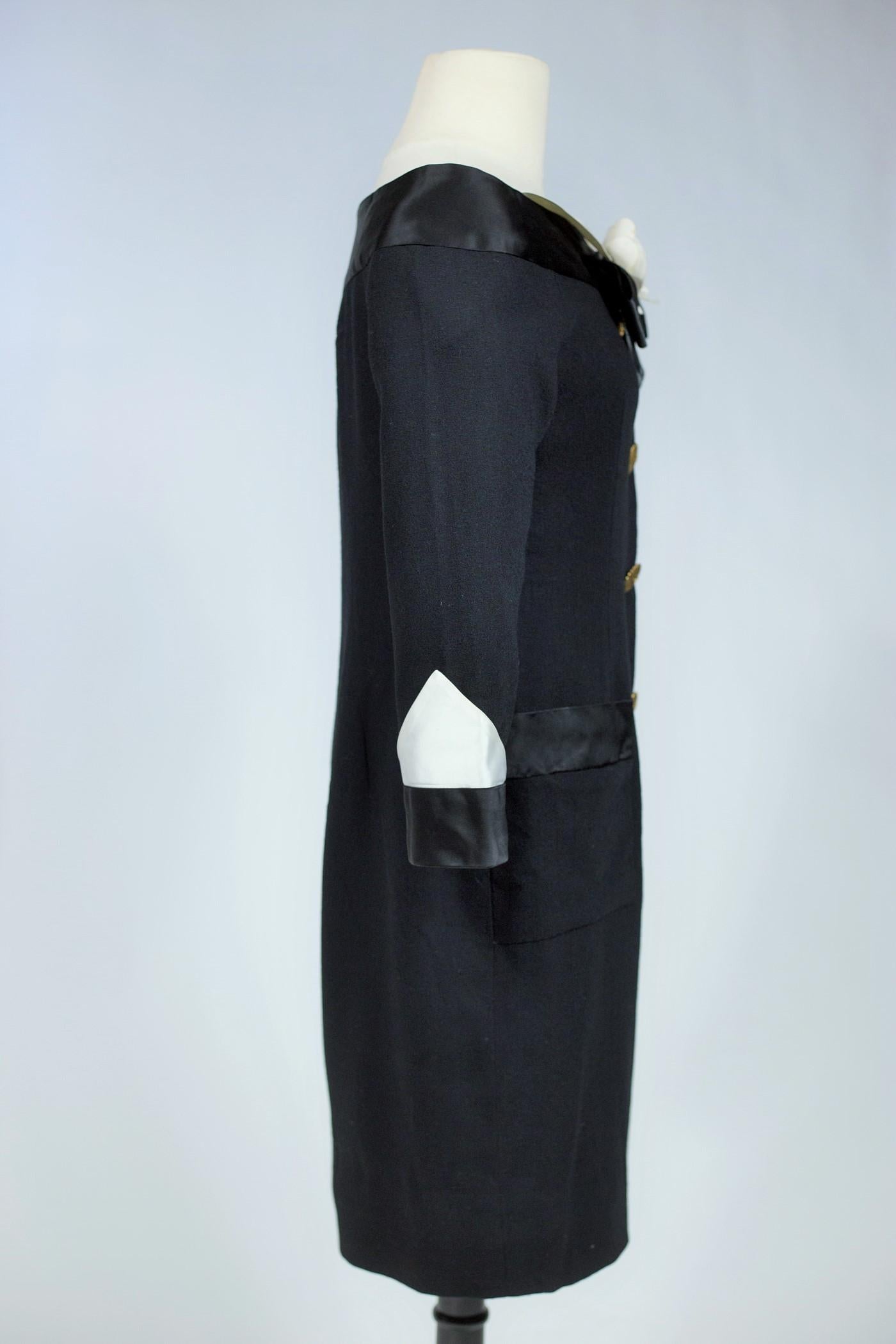 Little black dress inspired by Chanel in crepe and satin Circa 1965 In Good Condition For Sale In Toulon, FR