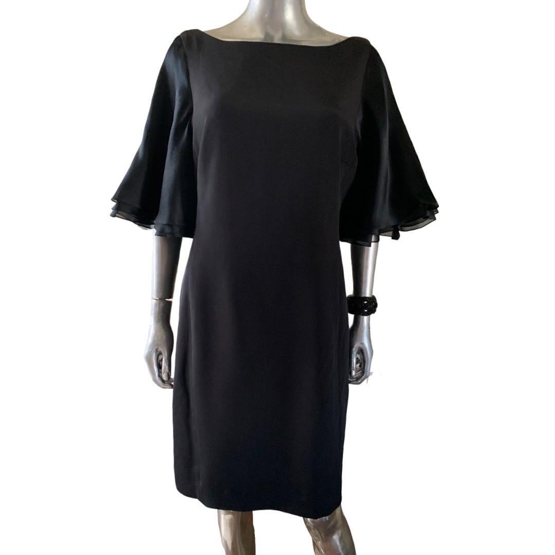 Women's Little Black Dress Silk Organza Ruffle Sleeve Dress by Worth Plus Size 14 Petite For Sale