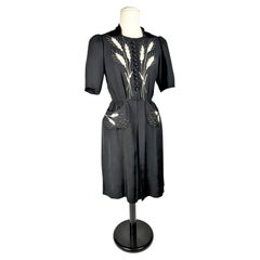 Little black dress with embroidered ears of wheat - France Circa 1945
