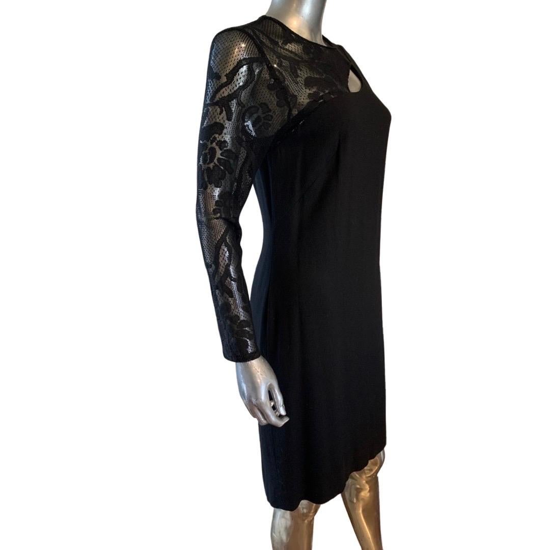 Little Black Dress Worth NY Lace Sleeve and Asymmetrical Bodice Dress Size 10 In Good Condition For Sale In Palm Springs, CA