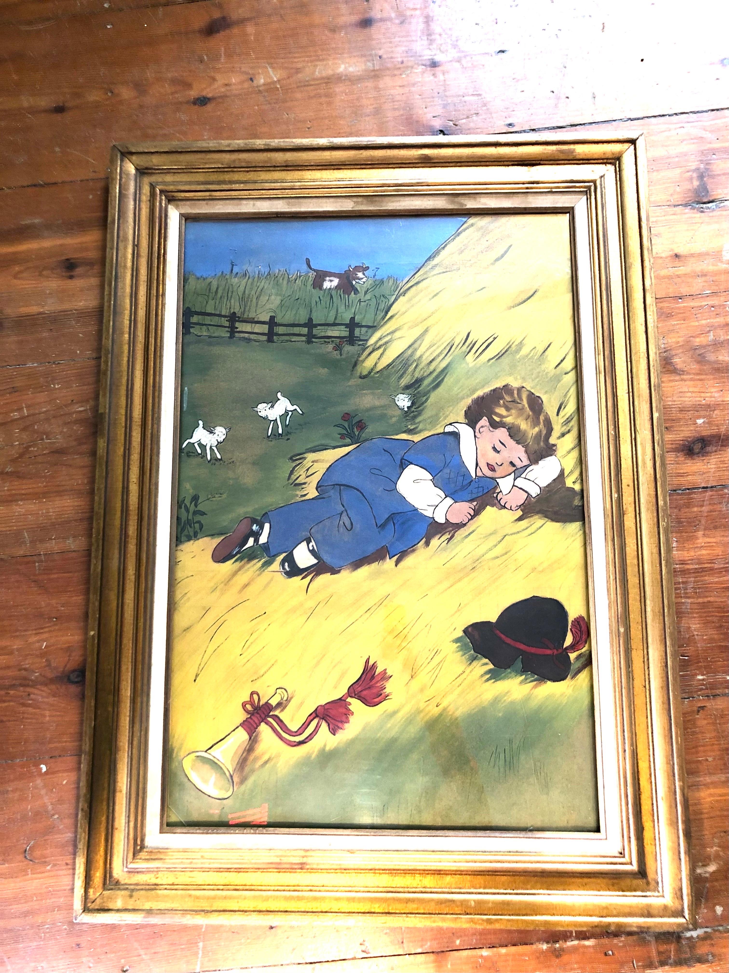 Niño pequeño Pintura azul sobre tela de lienzo. Ilustración clásica de cuento de hadas del niño azul dormido en el heno. Ideal para la habitación de un niño pequeño encima de la cama.