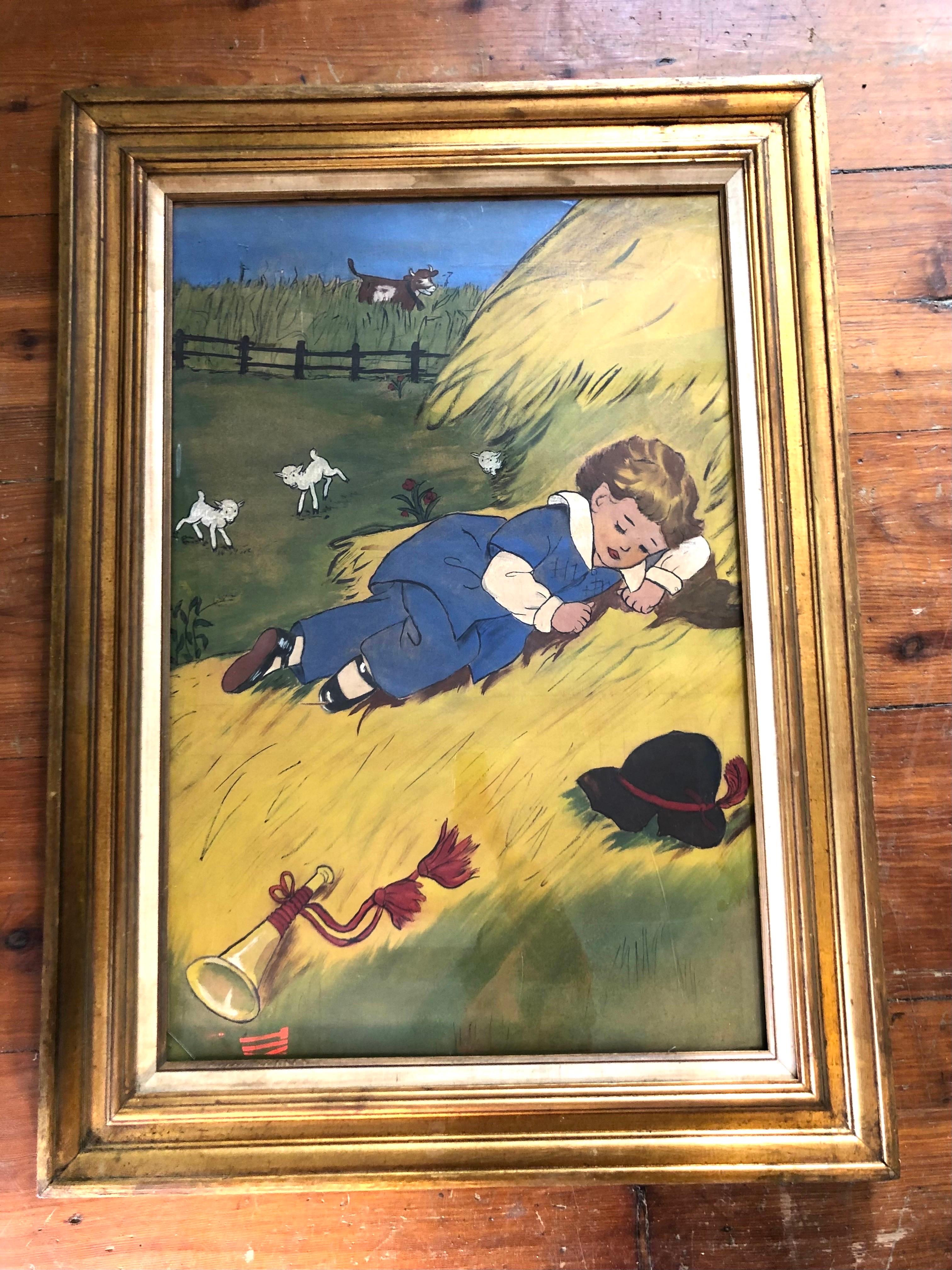 Niño Pequeño Pintura Azul sobre Tela Arte popular en venta