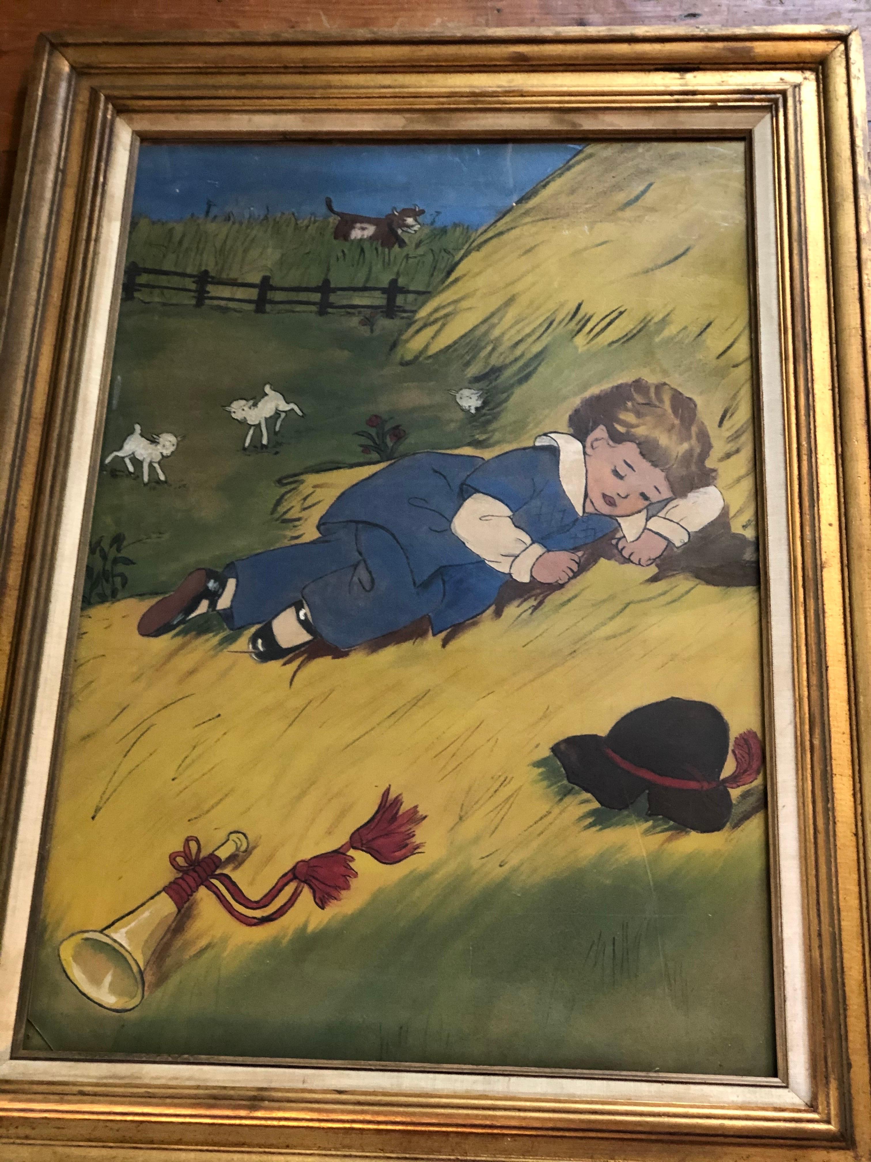 Niño Pequeño Pintura Azul sobre Tela Pintado a mano en venta