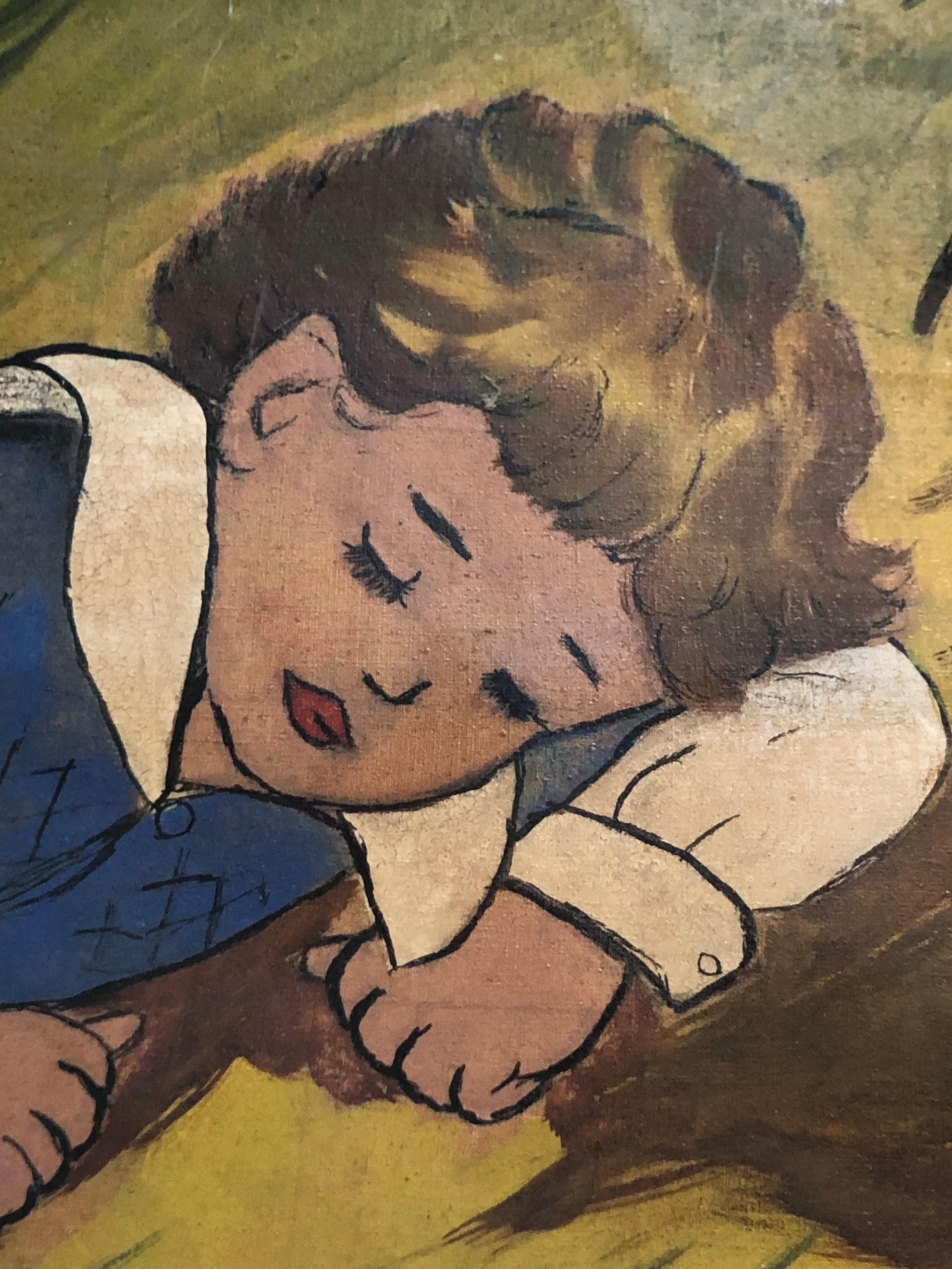 Niño Pequeño Pintura Azul sobre Tela mediados del siglo XX en venta