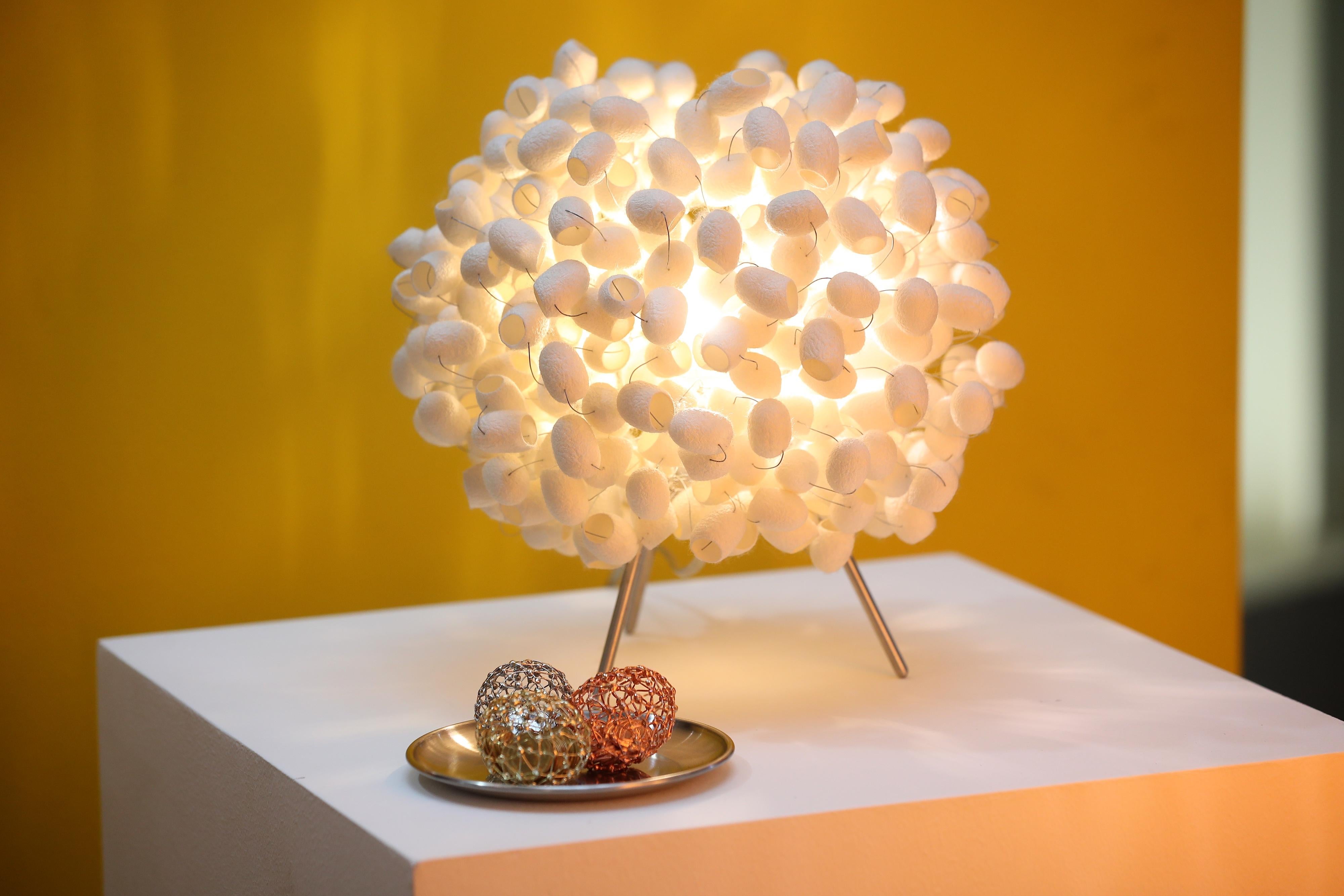 Hand-Crafted Little Chrysalis Table - Small Table Lamp with Silk Cocoon Handcrafted Edition For Sale